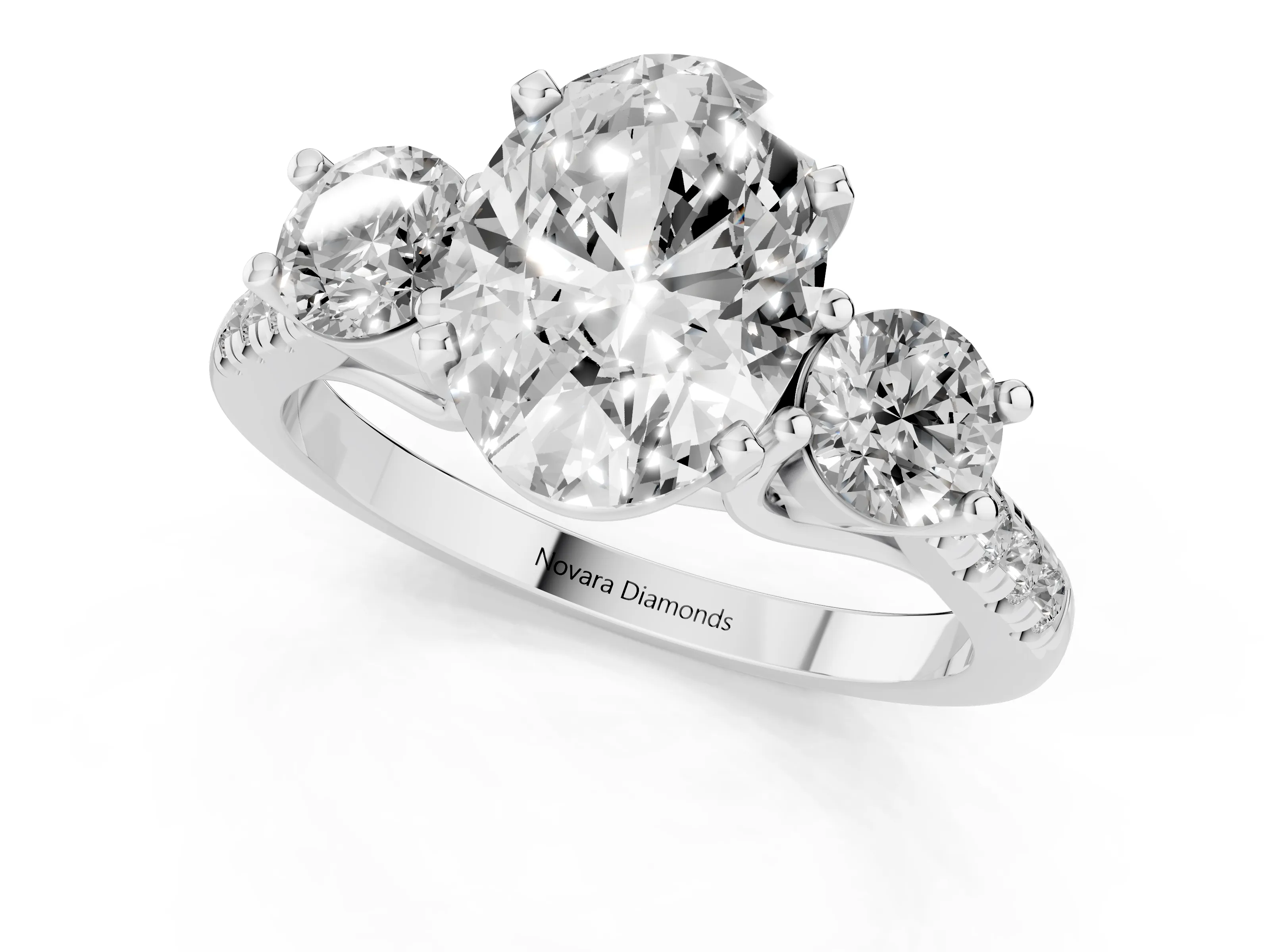 Three-Stone Oval Cut Diamond Pavé Band Ring Set in Silver with Prong-Set Trio