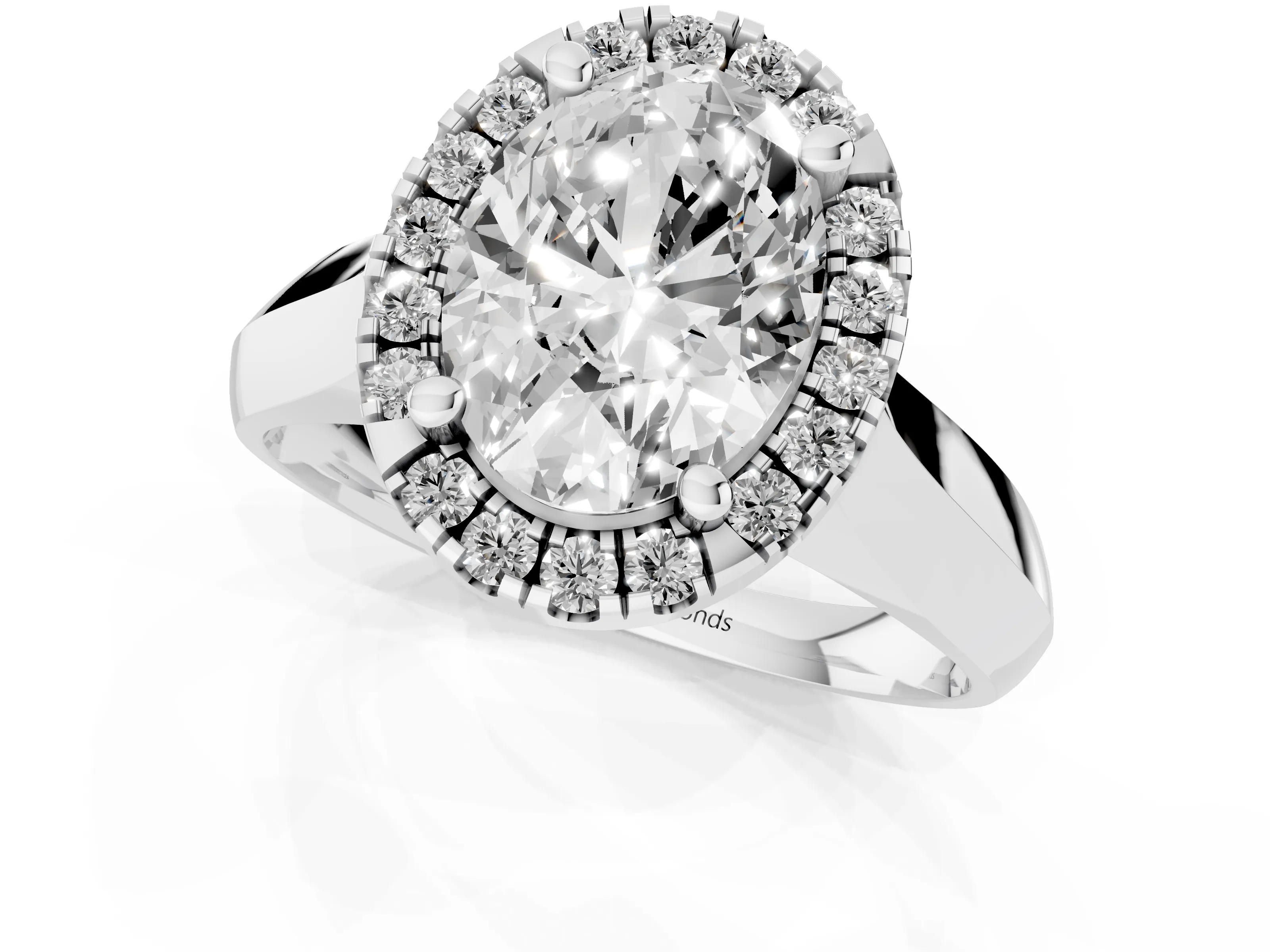 Oval Cut Diamond Halo Solitaire Engagement Ring Set in Silver with Square Band and Prong Setting