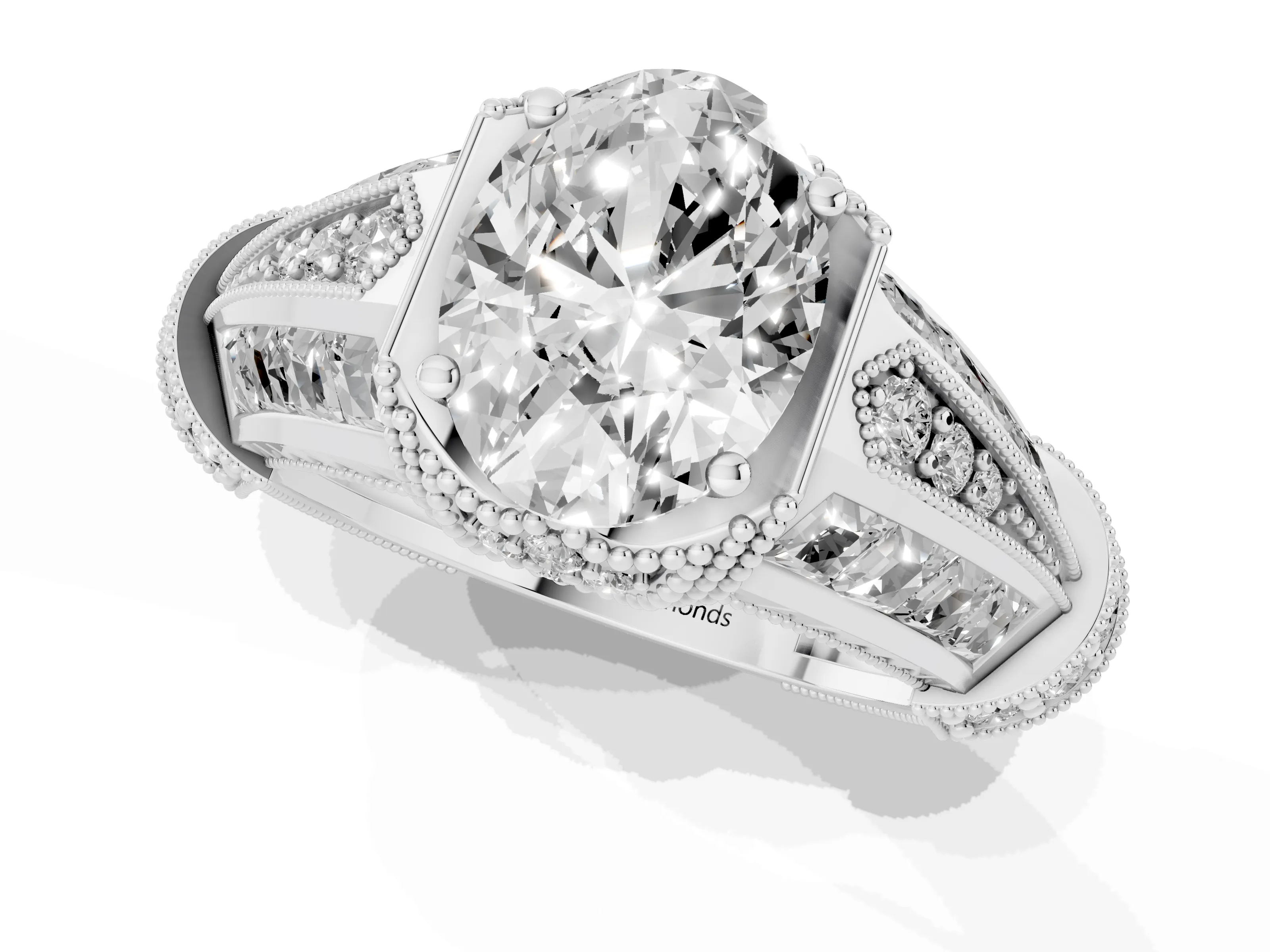 Oval Cut Diamond Vintage-Inspired Milgrain Ring Set in Silver with Accent Split Shank