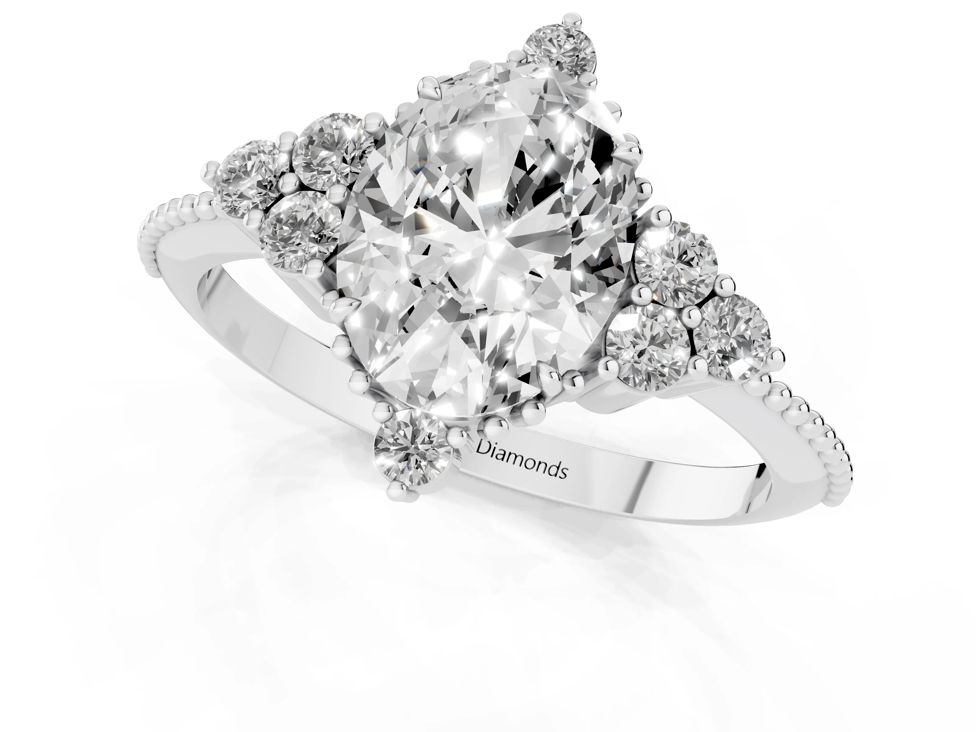 Oval Cut Diamond Cluster Ring Set in Platinum with Beaded Band