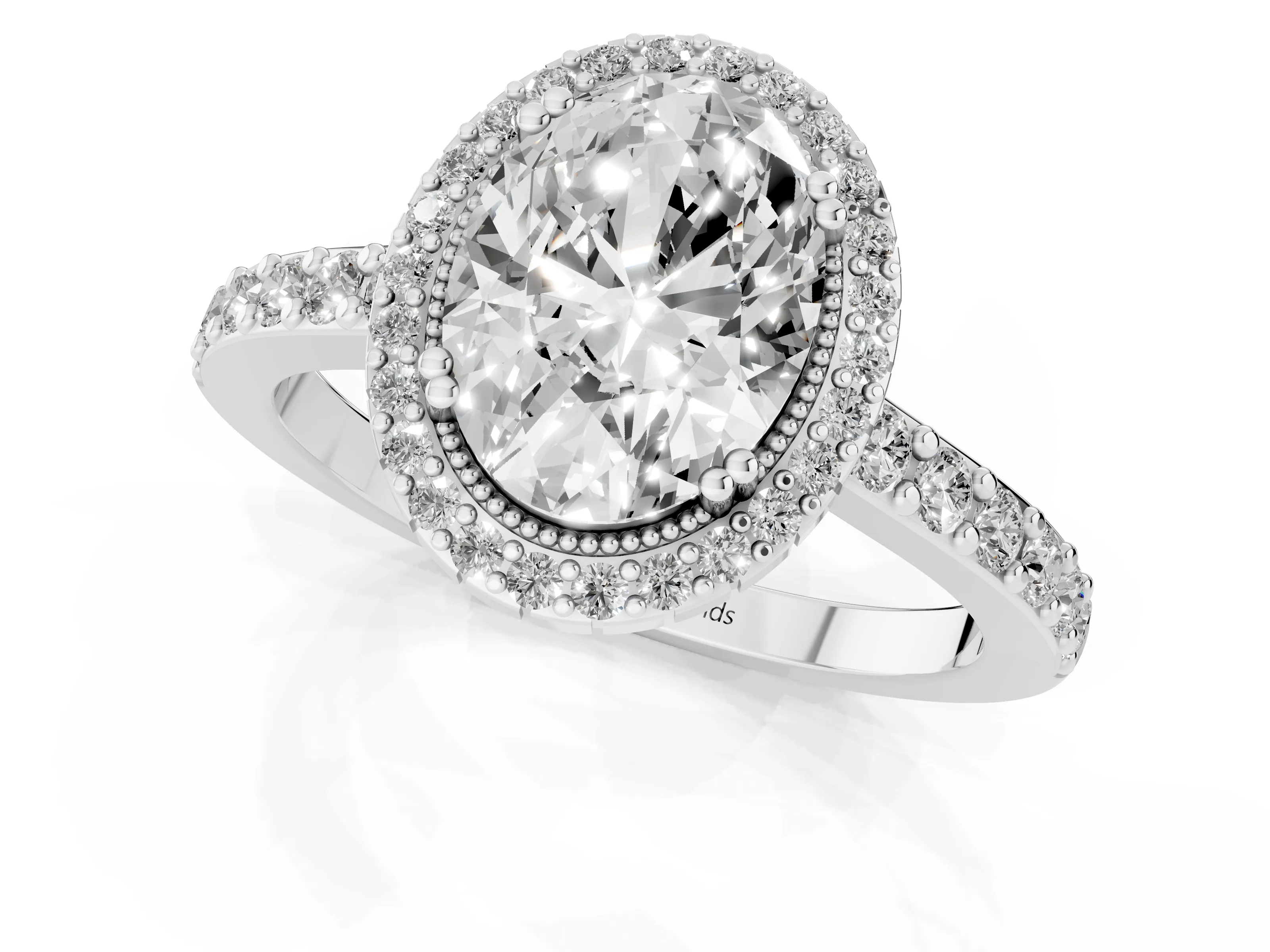Oval Cut Diamond Halo Engagement Ring Set in Platinum with Milgrain Detail and Pavé Band