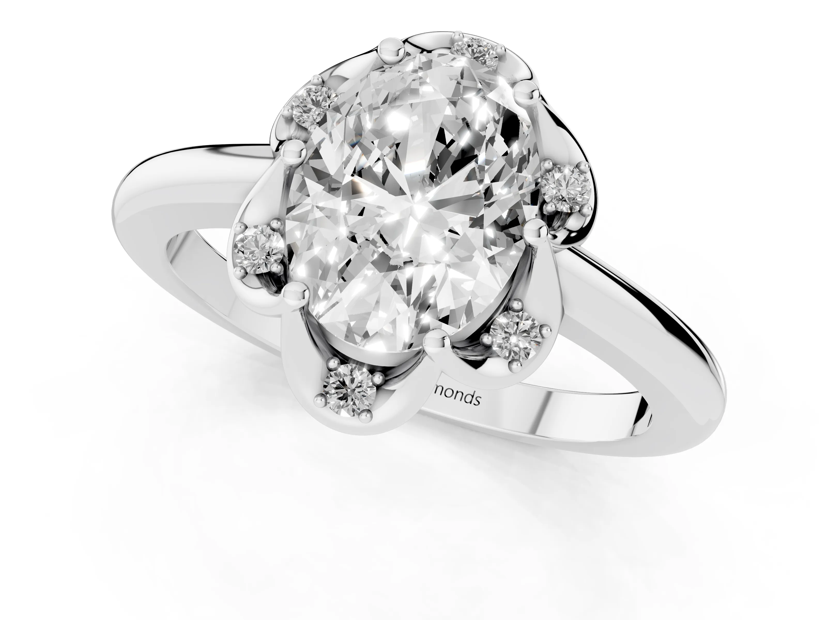 Oval Cut Diamond Round Cluster Halo Ring Set in Silver with Solitaire Band and Prong Setting