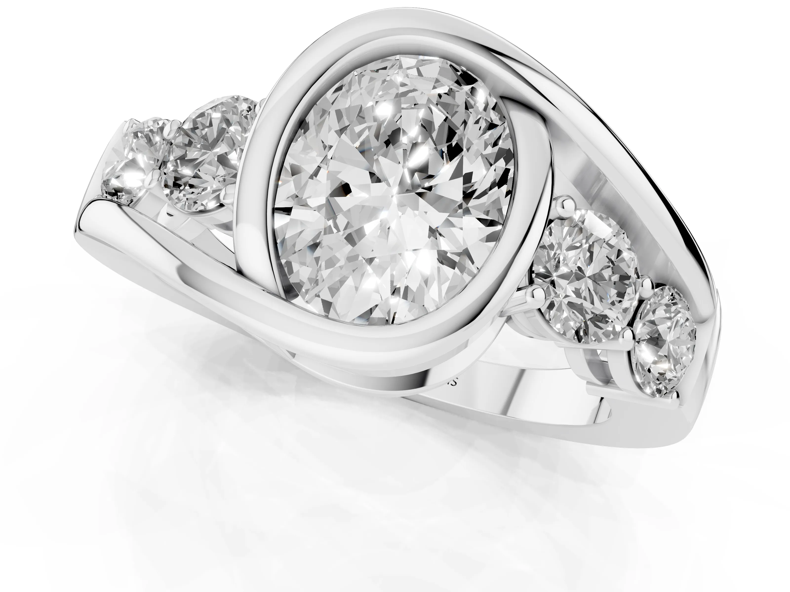 Oval Cut Diamond Bezel Bypass Ring Set in Silver with Round Accents