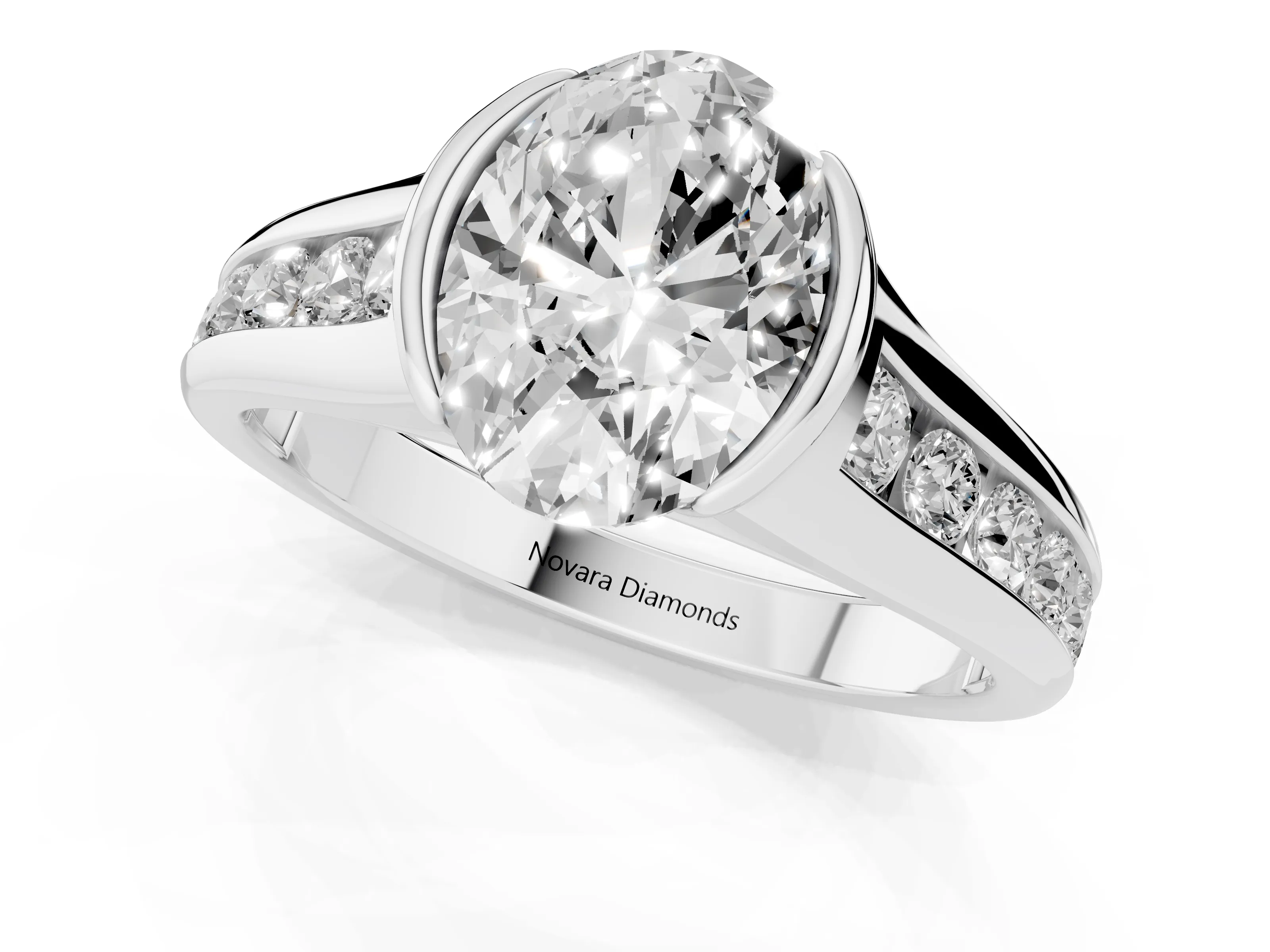 Oval Cut Diamond Bezel-Set Solitaire Ring Set in Platinum with Channel-Set Band