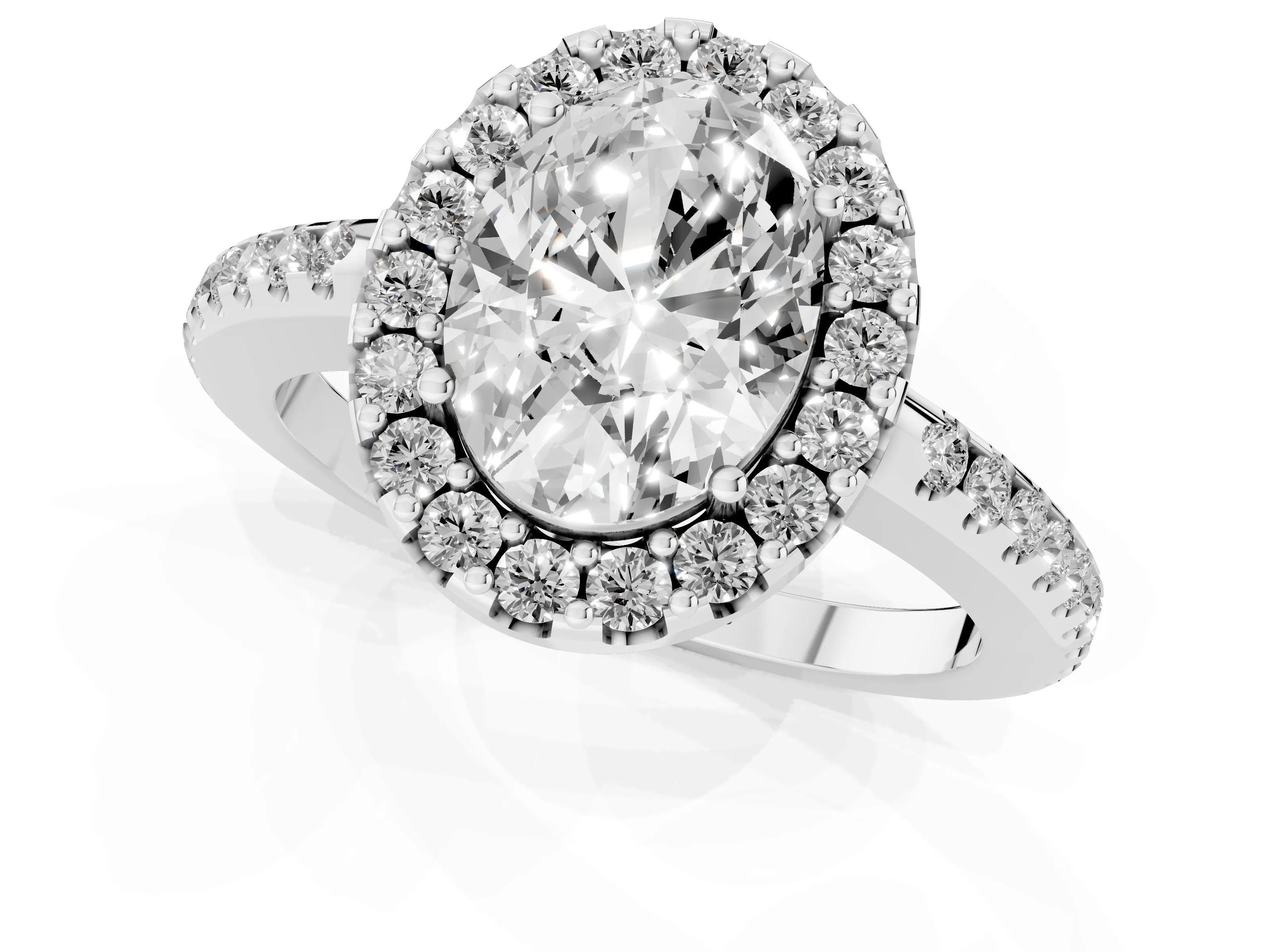 Oval Cut Diamond Pavé Halo Ring Set in White gold with Prong Setting