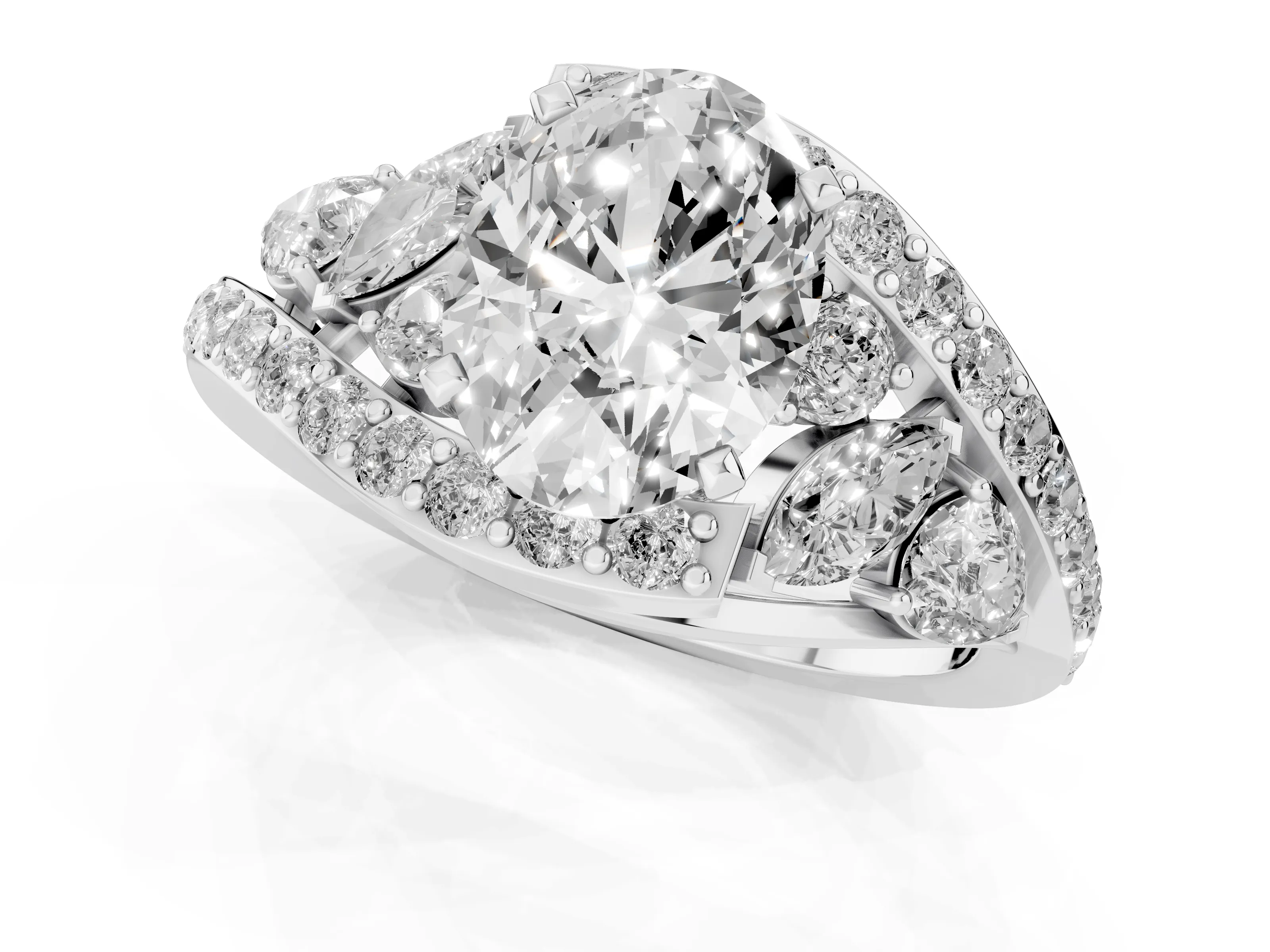 Oval Cut Diamond Halo Ring Set in Silver with Marquise and Pavé Band in Prong Setting – second view