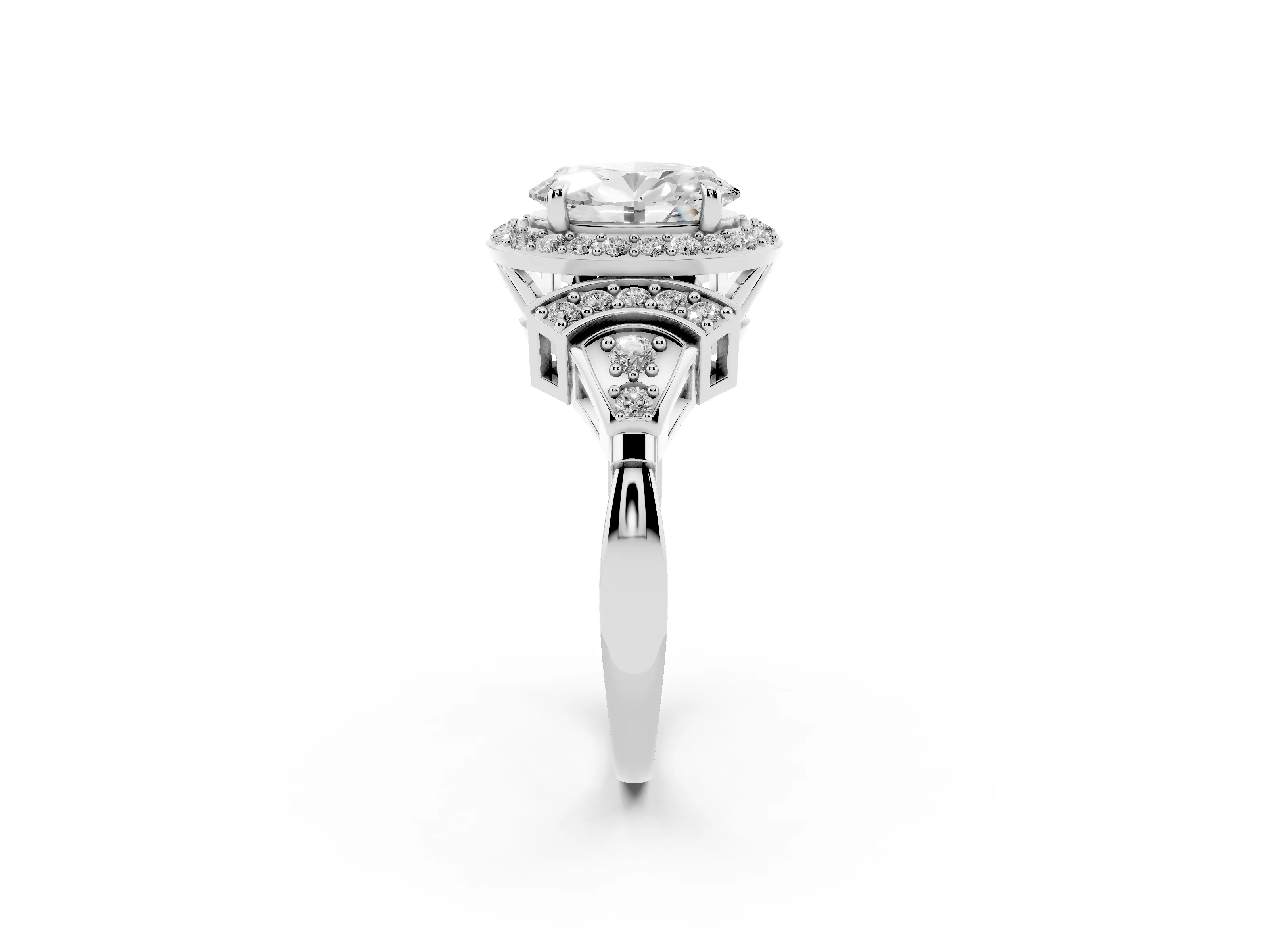 Oval Cut Diamond Halo Engagement Ring Set in Silver with Accent Stone Split Shank