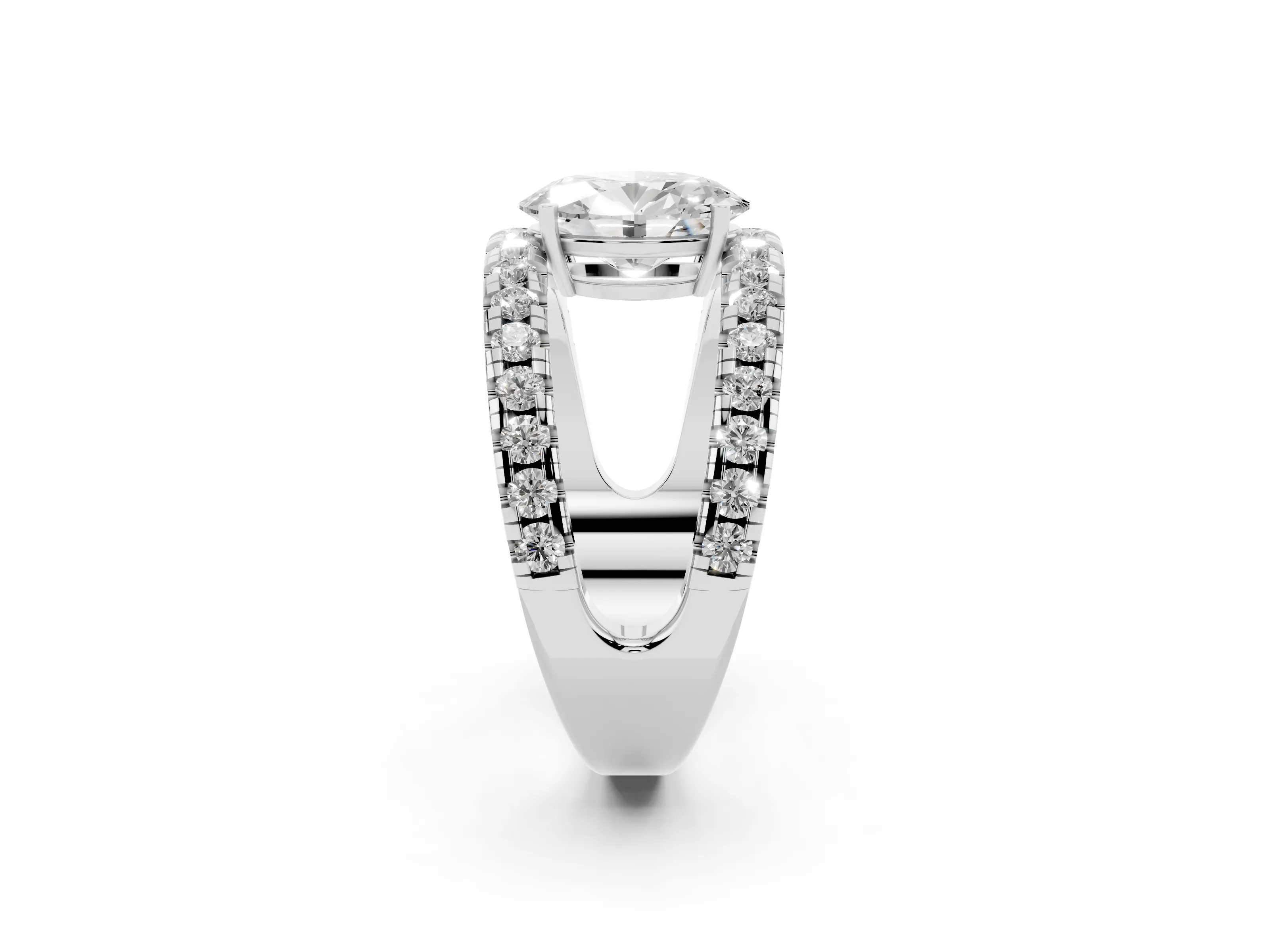 Oval Cut Diamond Split Shank Pavé Solitaire Ring Set in Silver with Open Shank Design