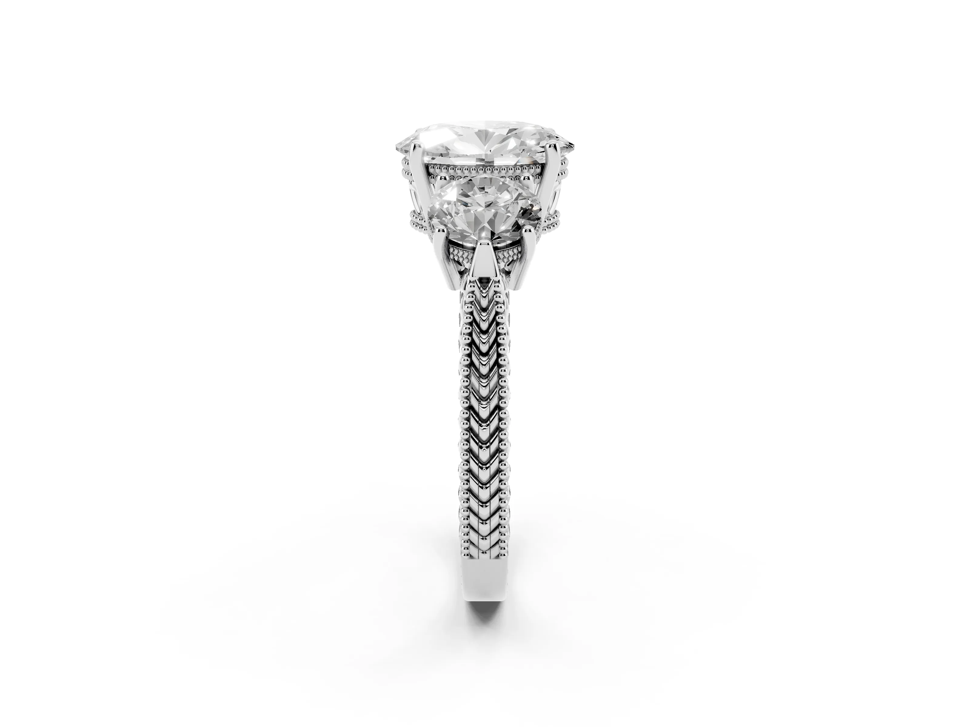 Oval Cut Diamond Three-Stone Ring Set in Platinum with Milgrain Band