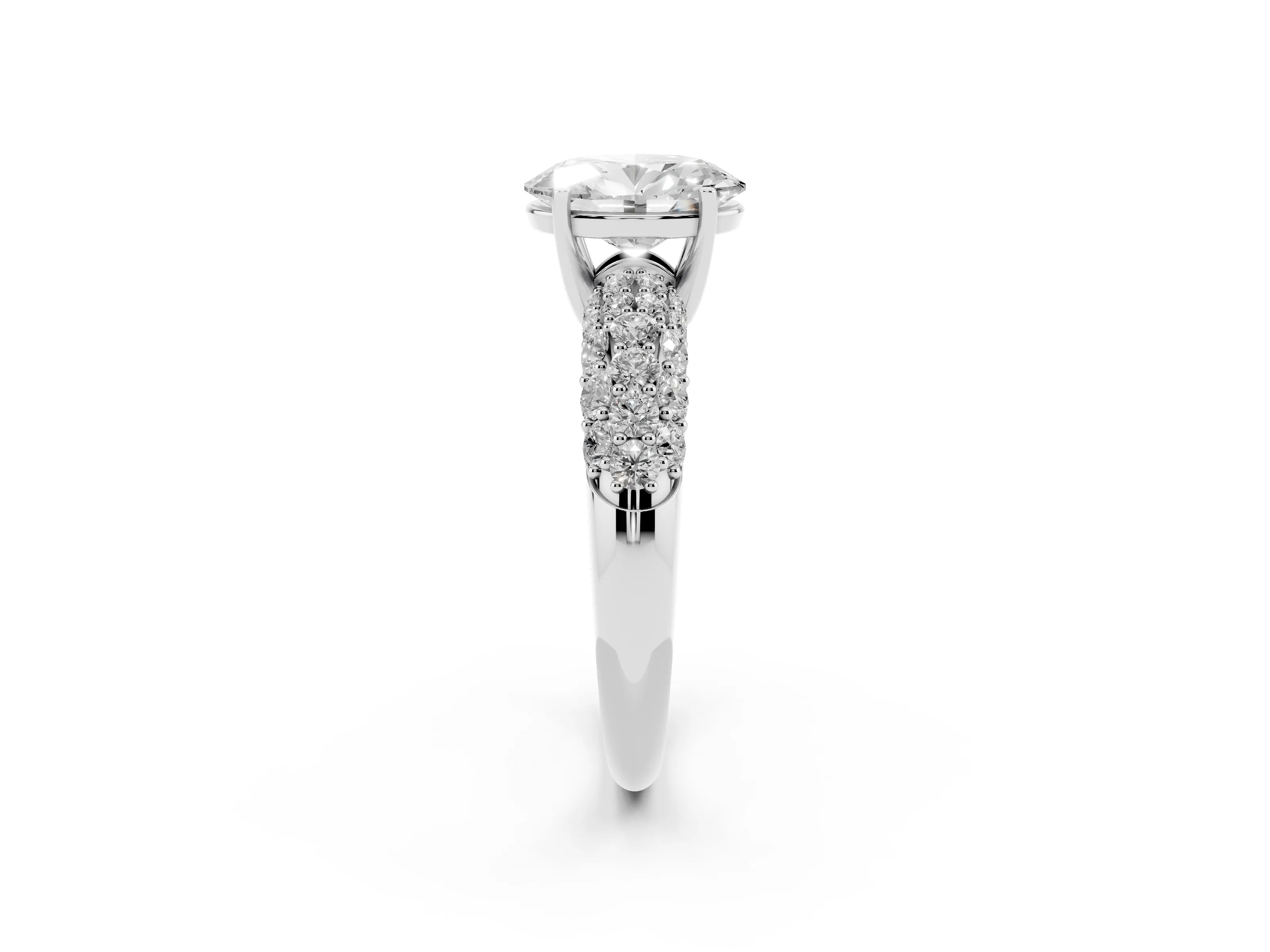 Oval Cut Diamond Pavé Band Solitaire Ring Set in White gold with Close-Set Accent Stones and Prong Setting