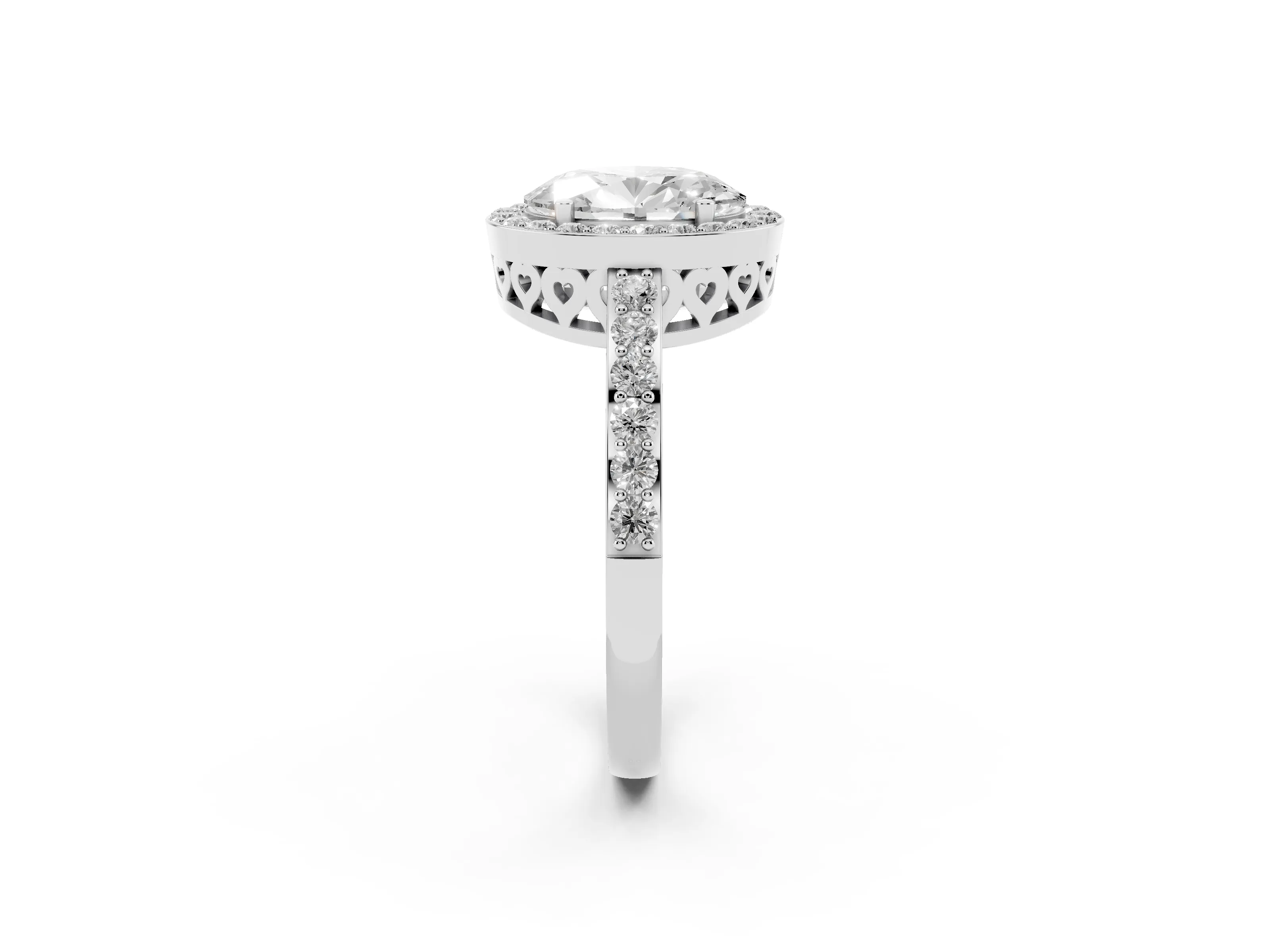 Oval Cut Diamond Halo Ring Set in White gold with Pavé-Setting Band and Open Prong Center