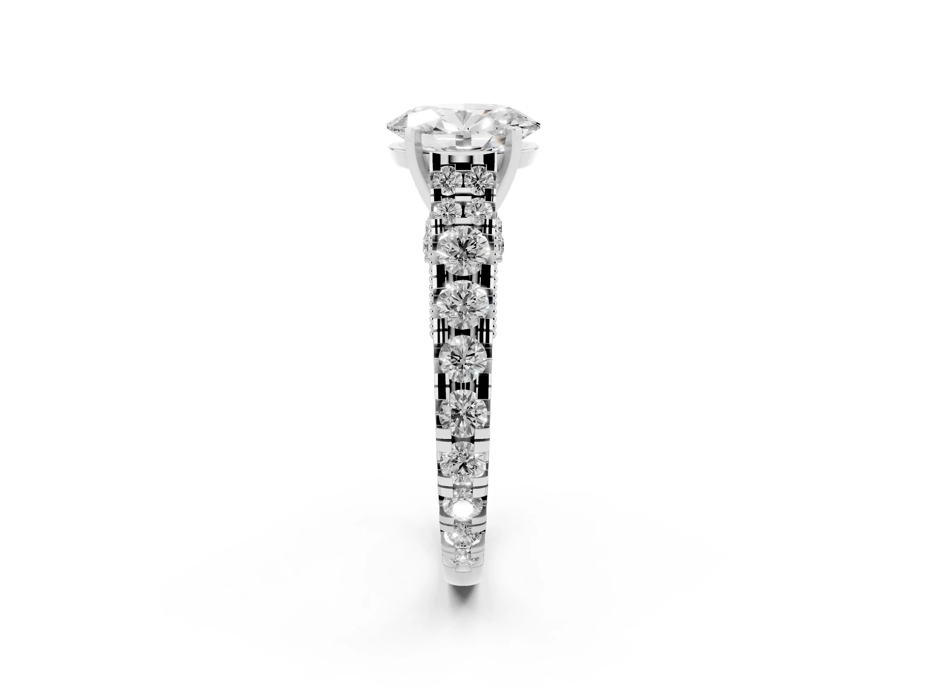Oval Cut Diamond Classic Solitaire Ring Set in Platinum with Pavé Band and Prong Setting