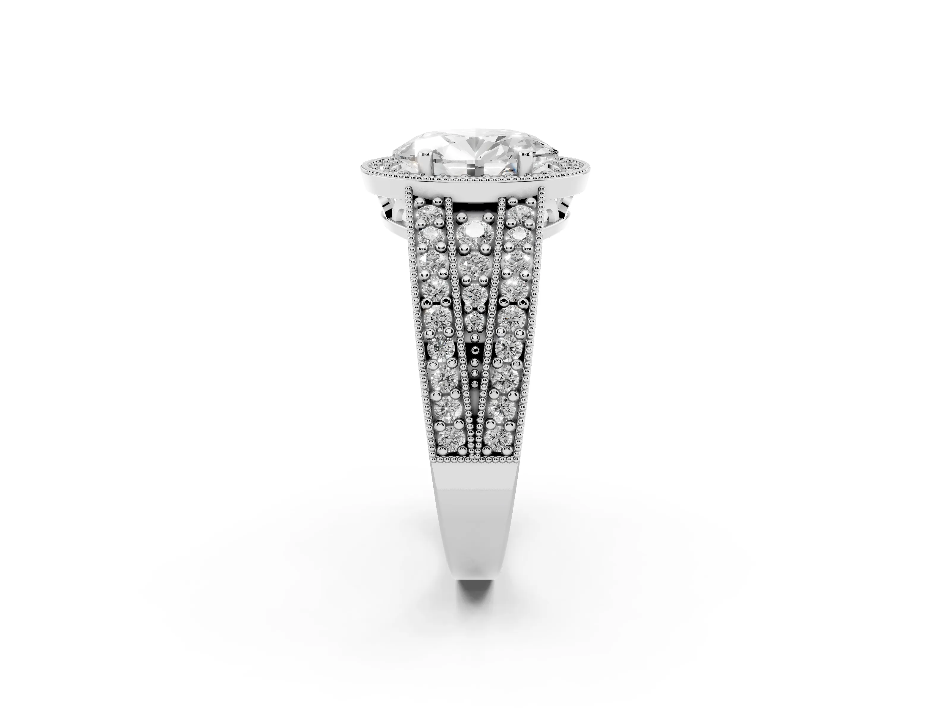 Oval Cut Diamond Halo Ring Set in Platinum with Accent Split Shank and Prong Setting