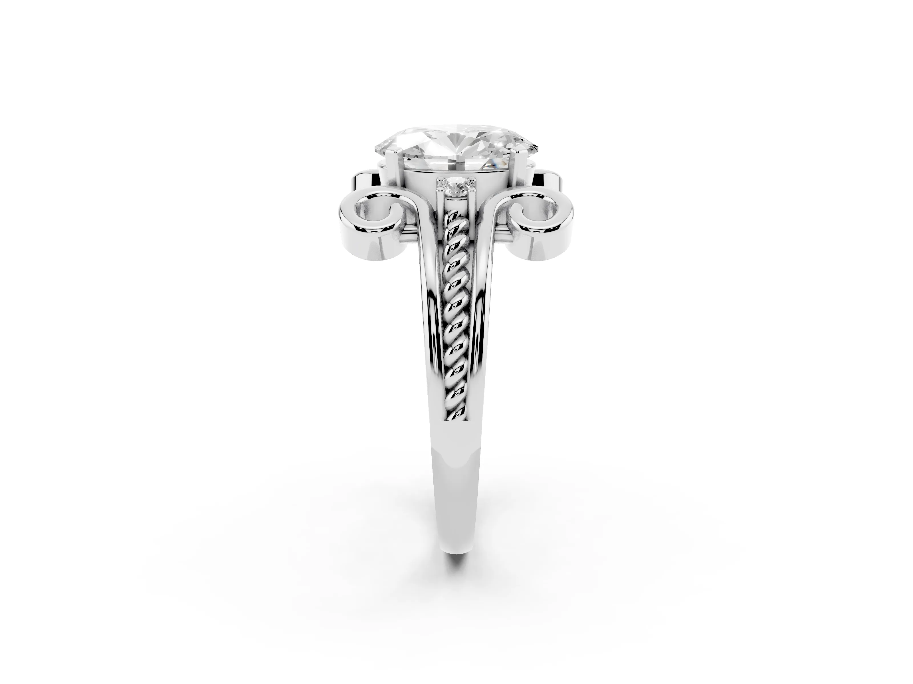 Oval Cut Diamond Twisted Band Solitaire Ring Set in Platinum with Scroll Prongs