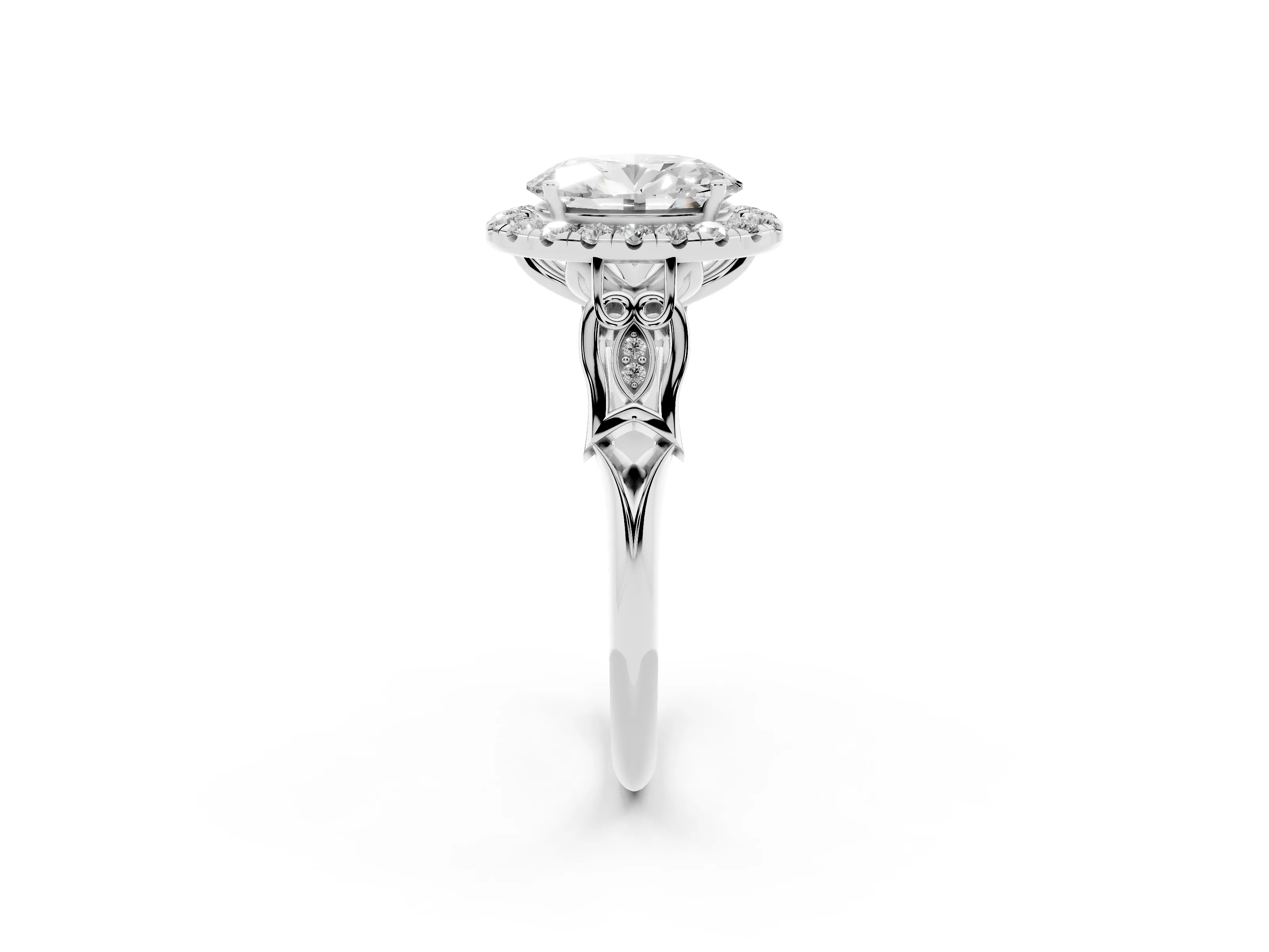 Oval Cut Diamond Halo Engagement Ring Set in Silver with Filigree Band and Prong-Set Center