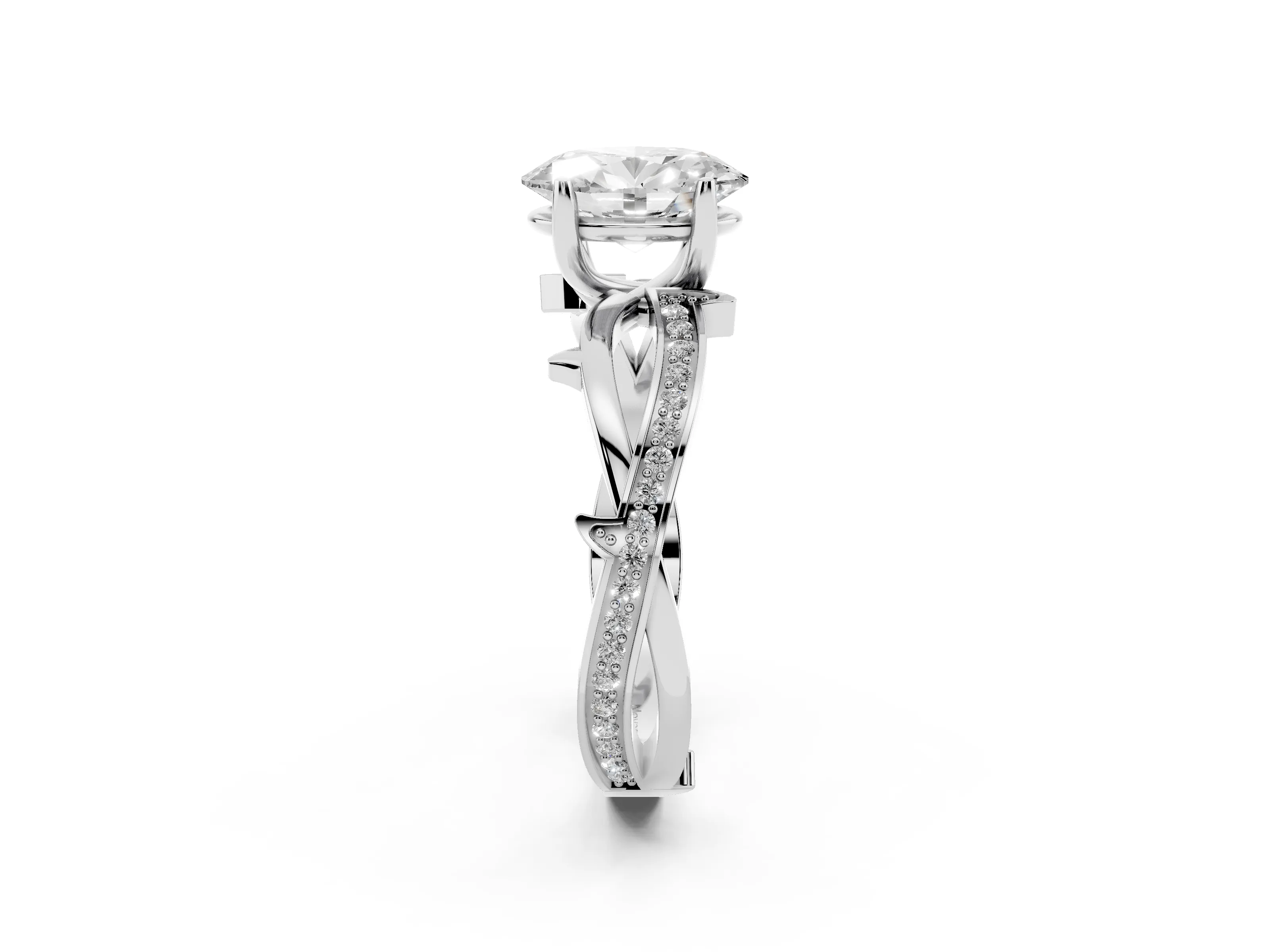 Oval Cut Diamond Pavé Twist Band Solitaire Ring Set in Silver with Prong Setting