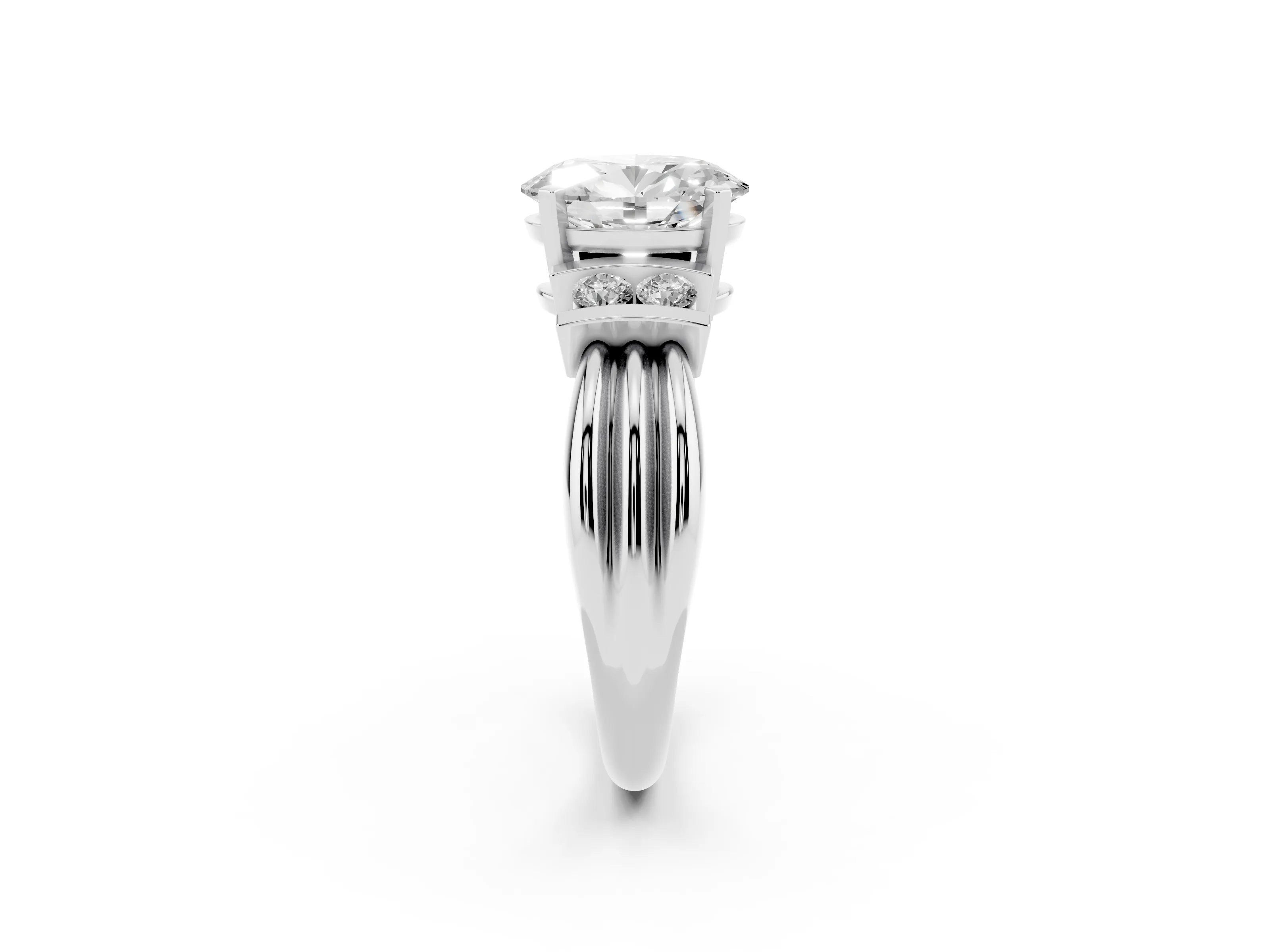 Three-Stone Oval Cut Diamond Channel Set Ring Set in Platinum with Bar Prongs