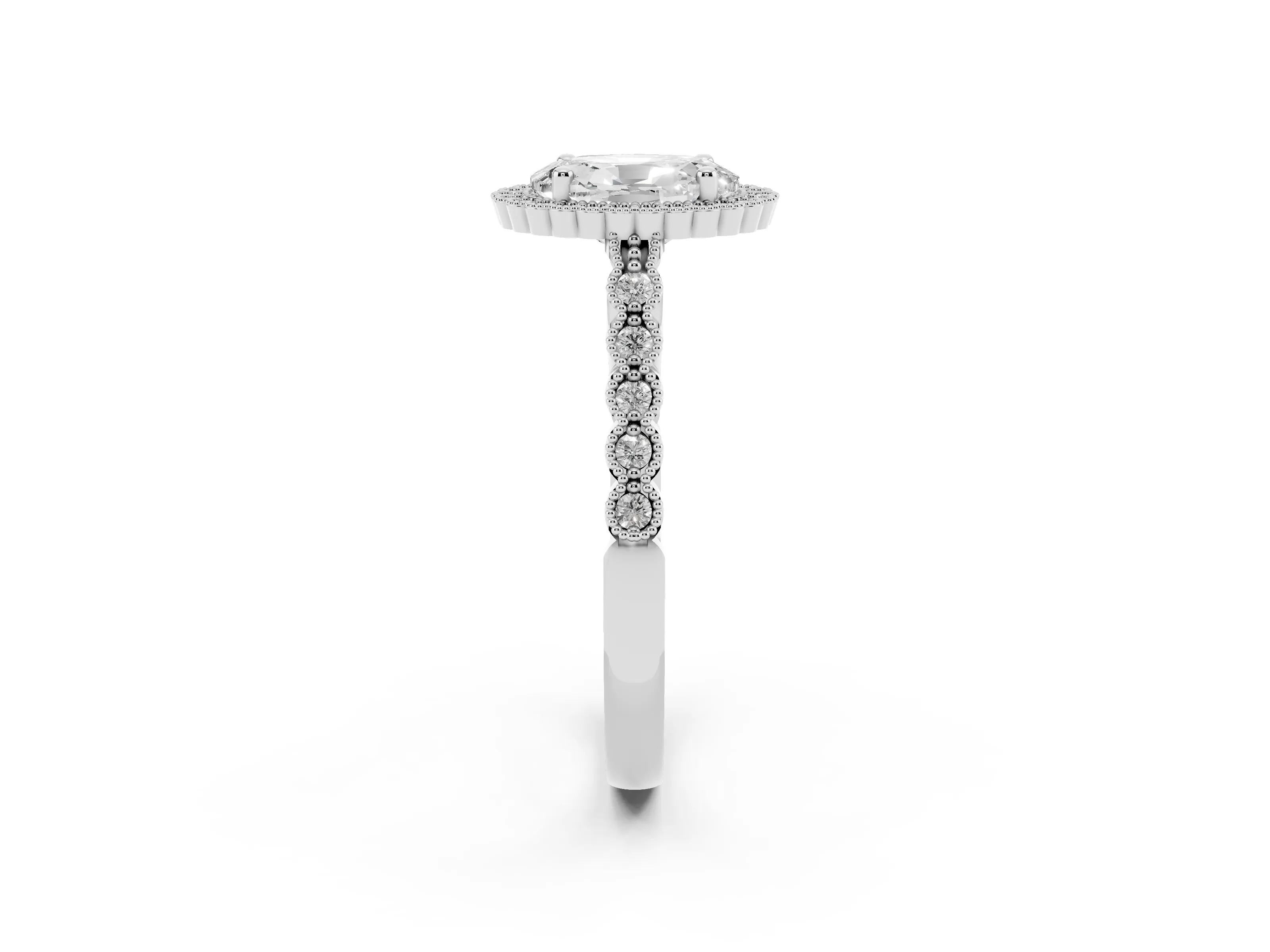 Oval Cut Diamond Halo Ring Set in Platinum with Pavé Milgrain Band