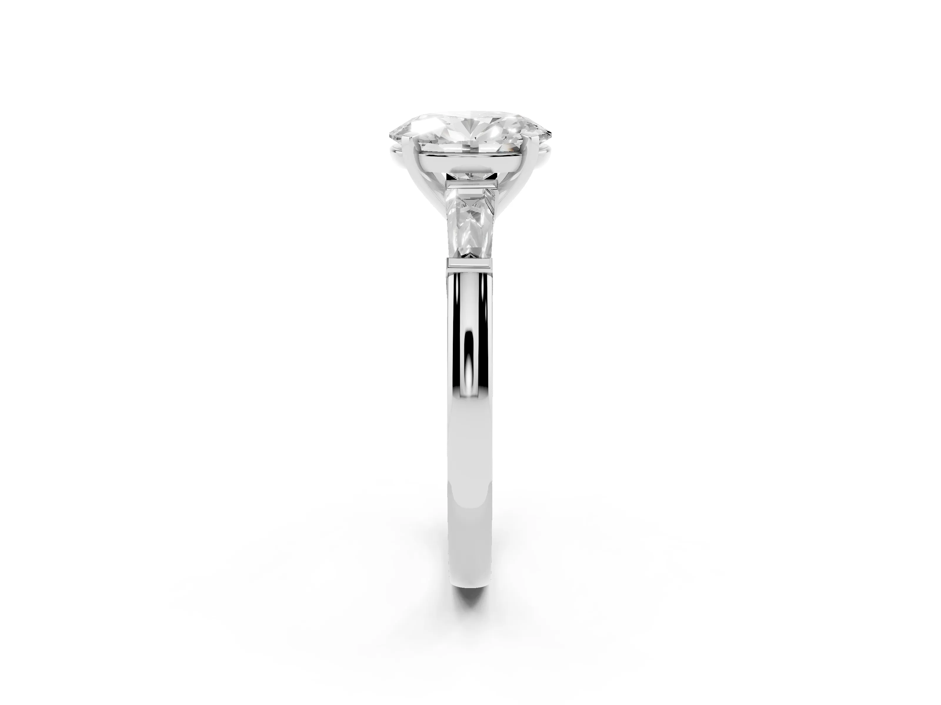 Oval Cut Diamond Solitaire Ring Set in Platinum with Tapered Baguette Side Stones and Prong Setting