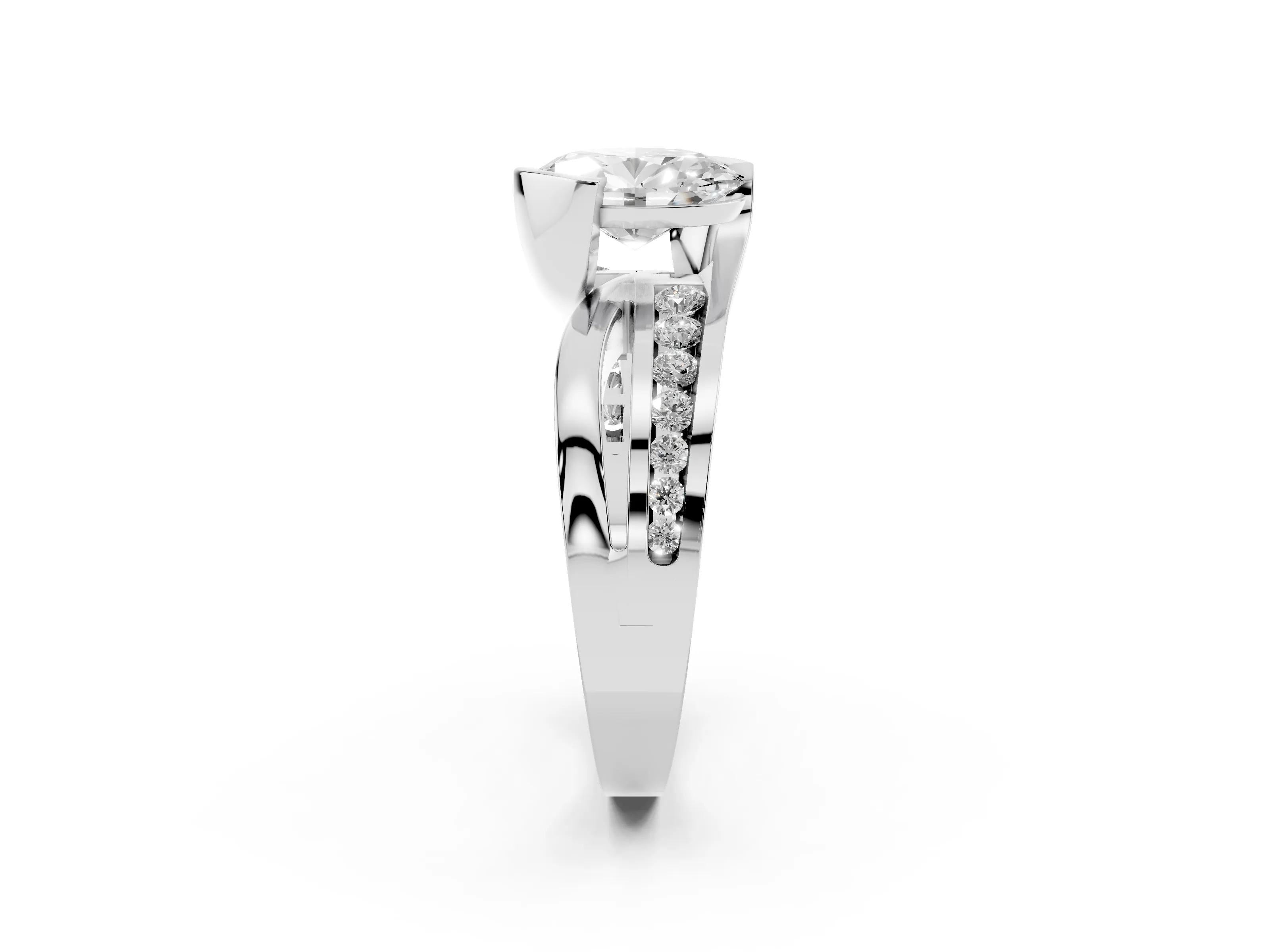 Oval Cut Diamond Solitaire Ring Set in Platinum with Channel Set Split Shank and Tension Prongs