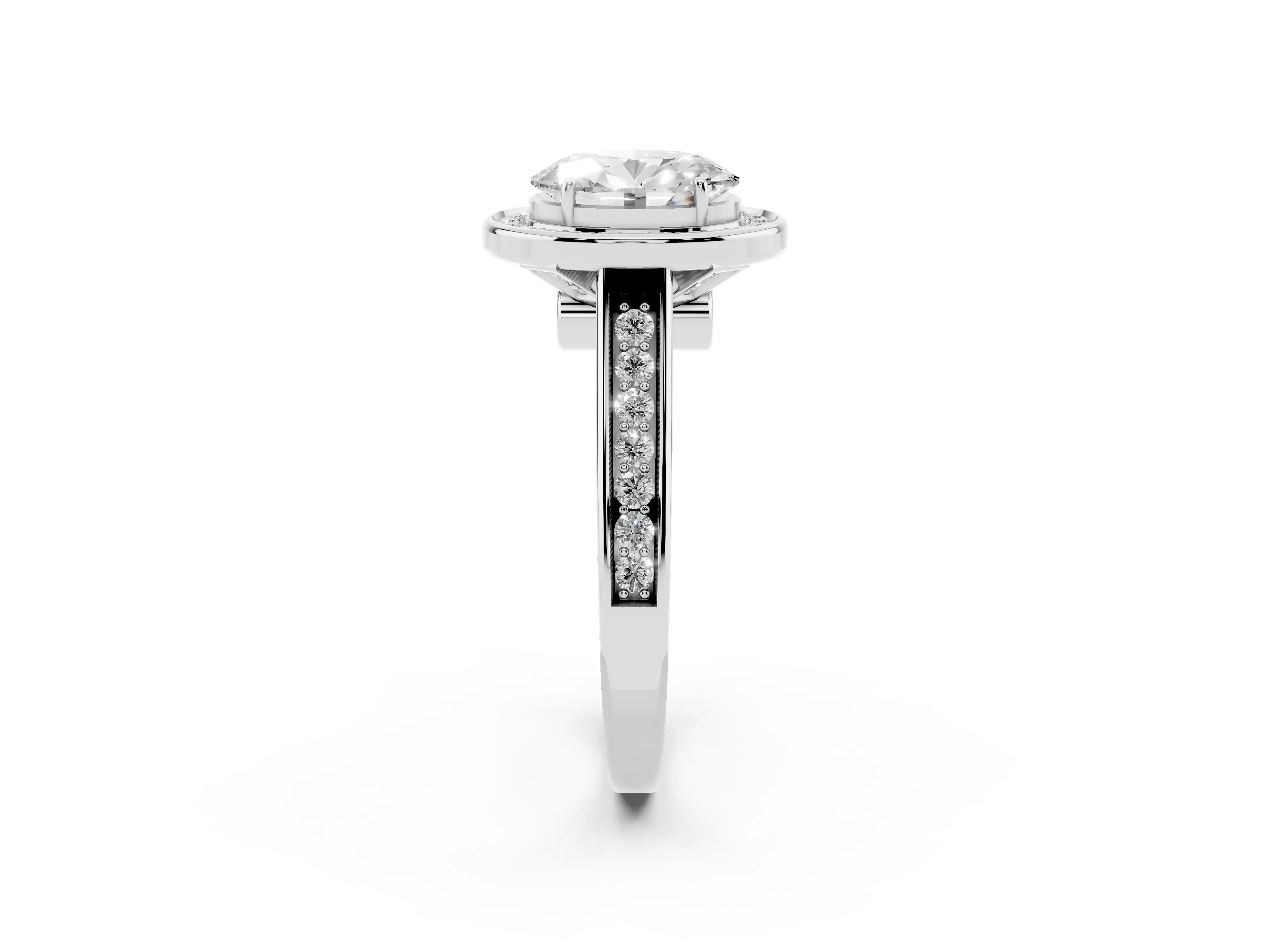 Oval Cut Diamond Halo Solitaire Ring Set in Platinum with Pavé Band and Bezel Setting