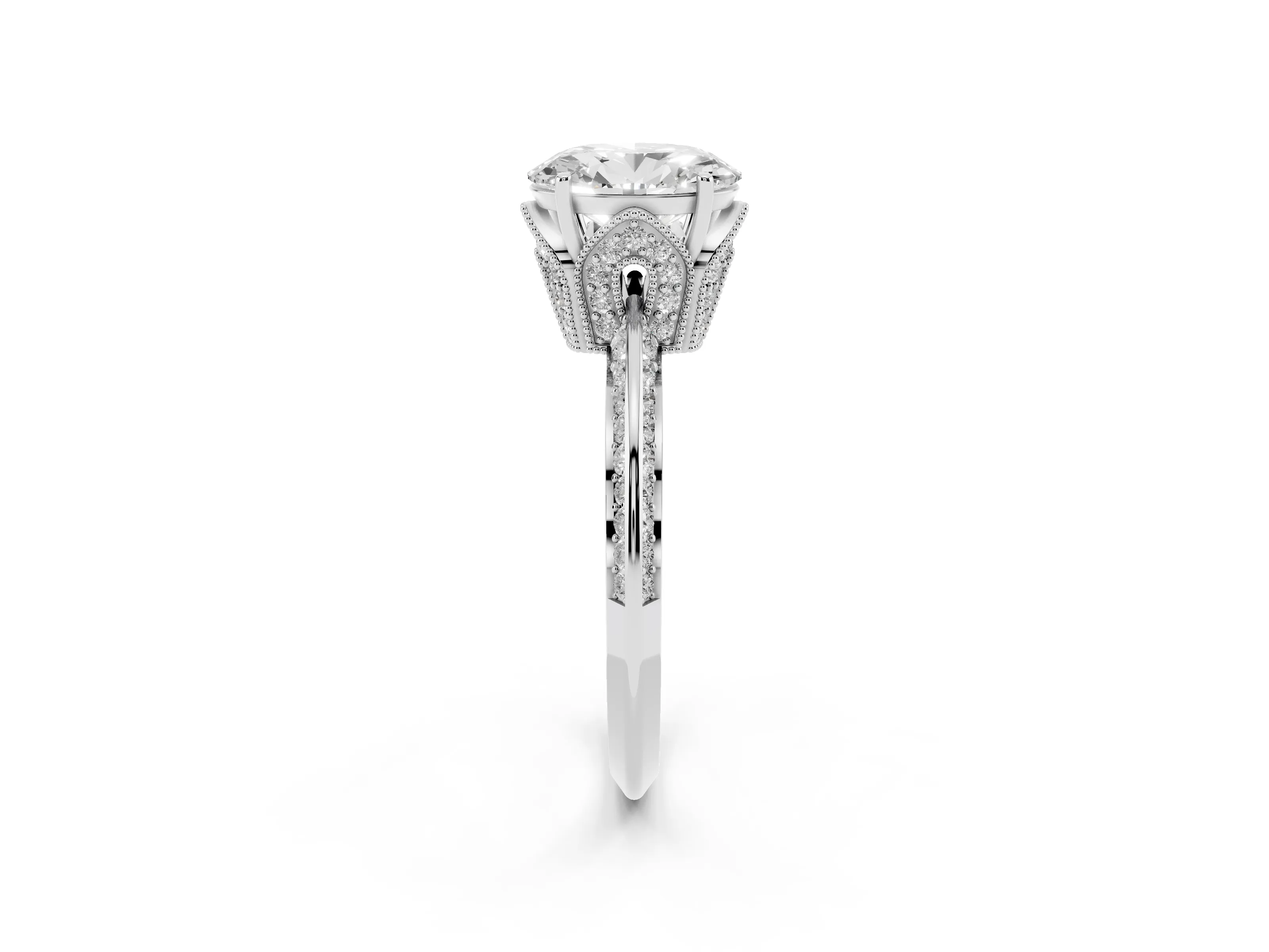 Oval Cut Diamond Solitaire Engagement Ring Set in Platinum with Pavé Split Shank and Prong Setting