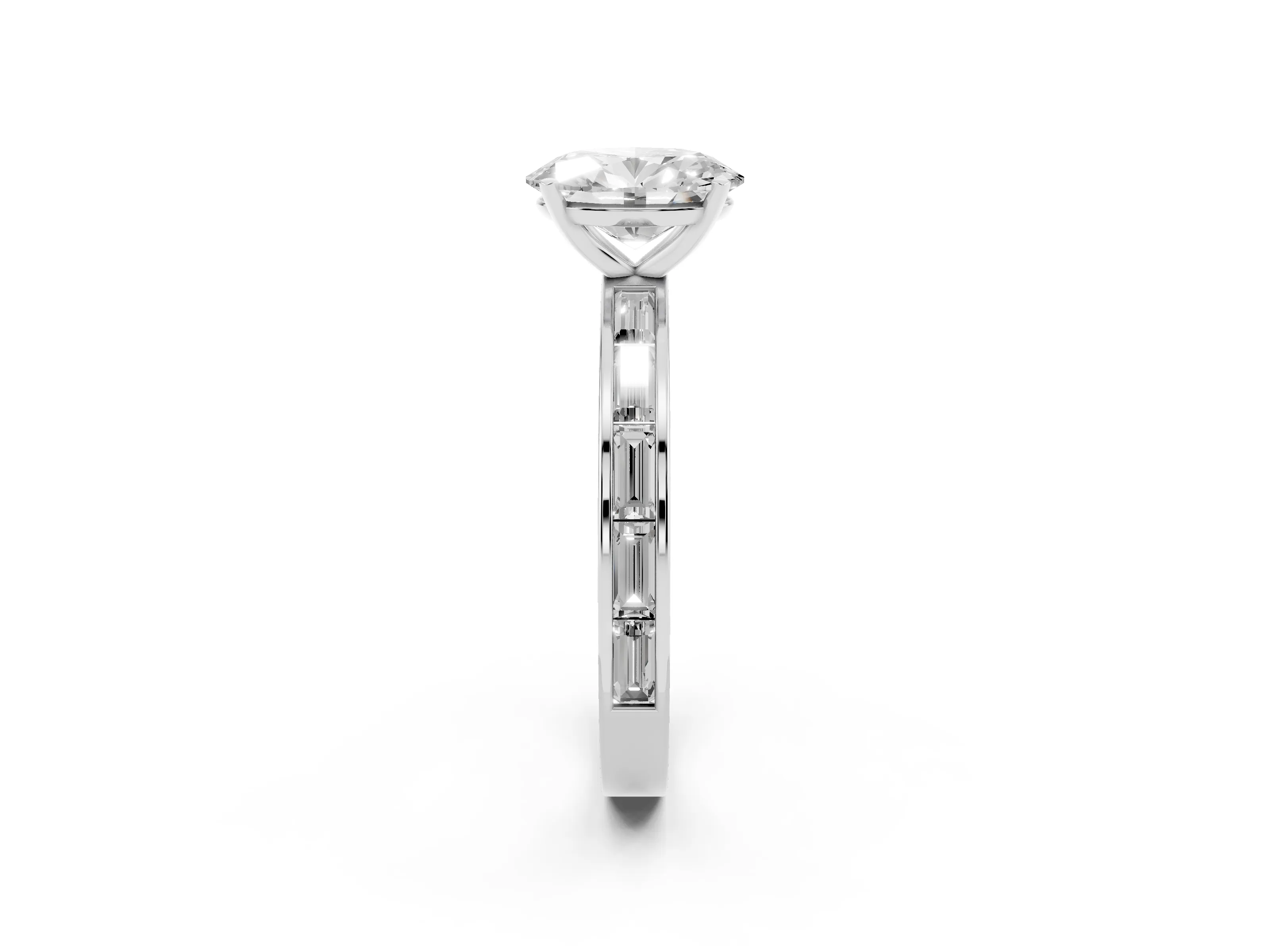 Oval Cut Diamond Solitaire Ring Set in White gold with Channel-Set Baguette Band and Prong Setting
