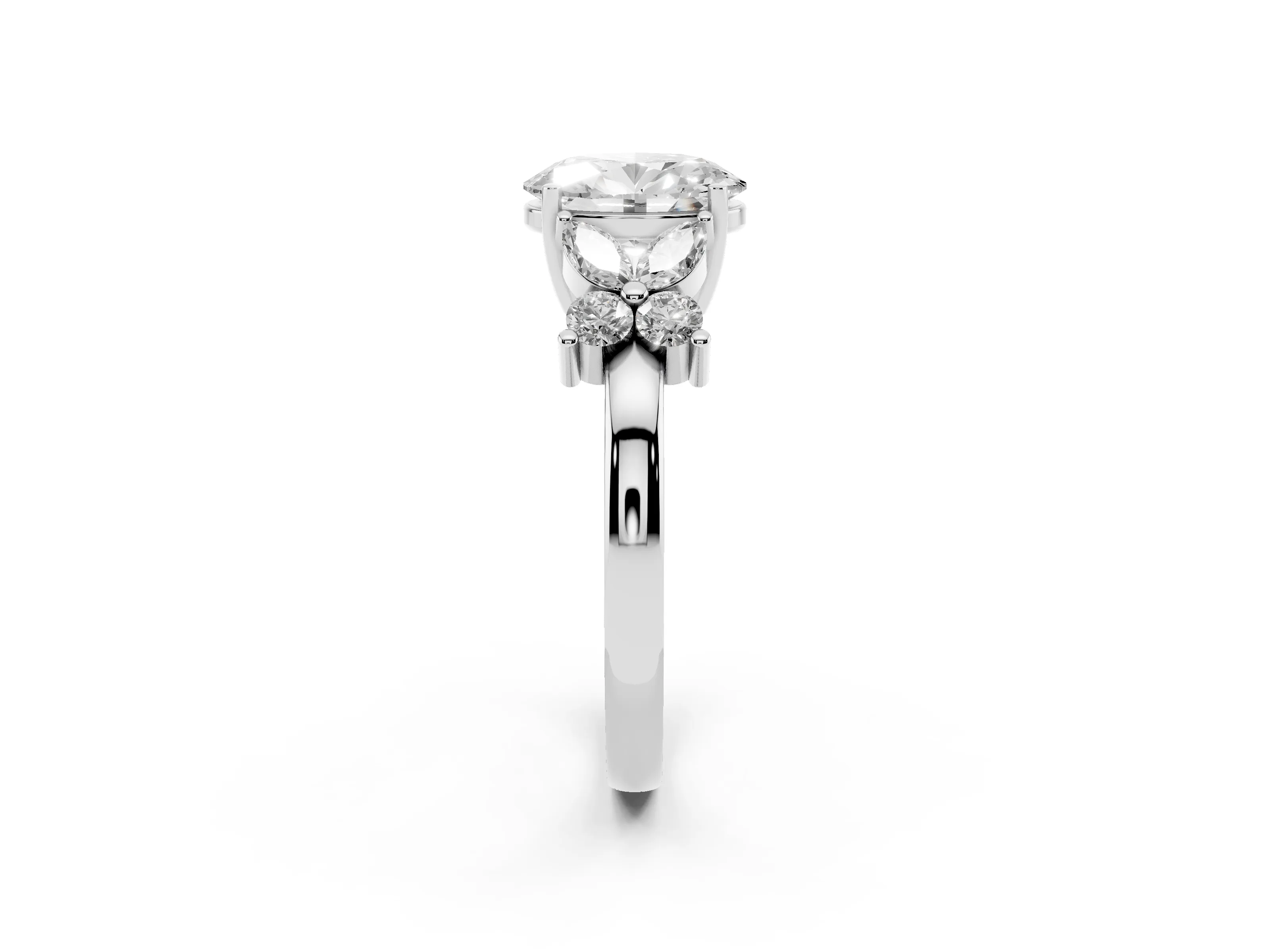 Oval Cut Diamond Floral Cluster Ring Set in Silver with Marquise Petals and Prong Setting
