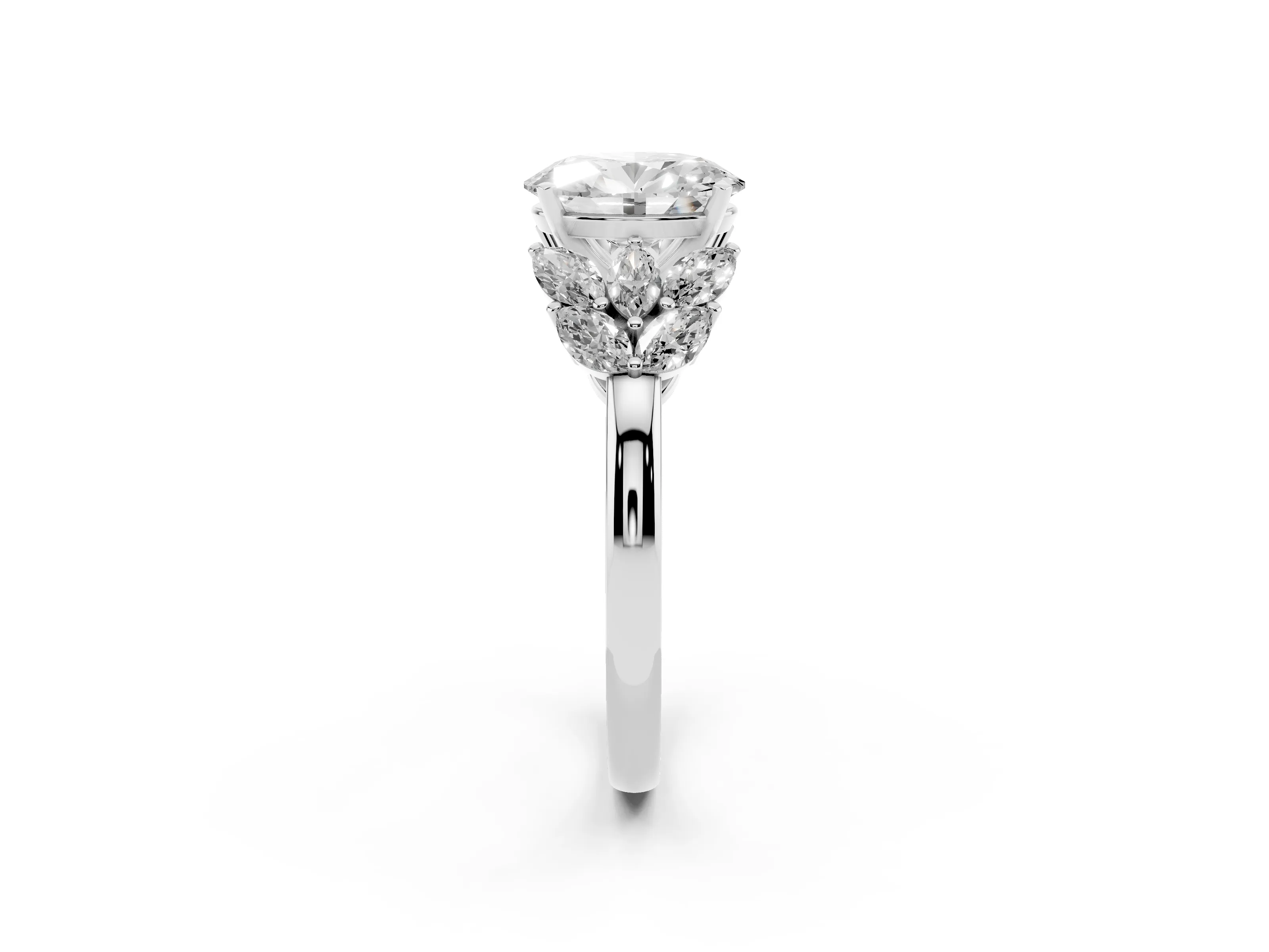 Oval Cut Diamond Cluster Leaf Design Ring Set in White gold with Prong Setting
