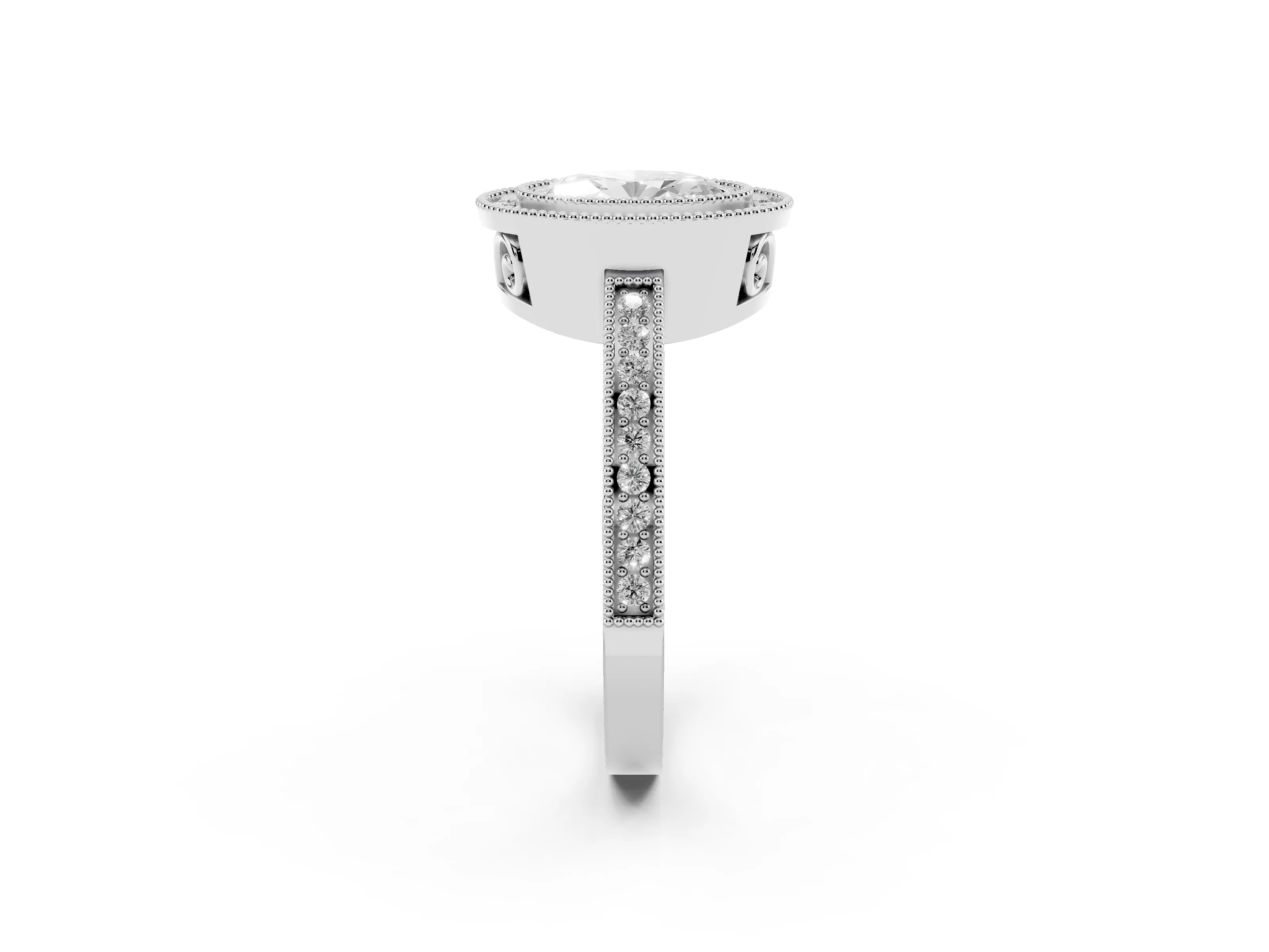 Oval Cut Diamond Halo Ring Set in Platinum with Pavé Band and Milgrain-Edged Prongs