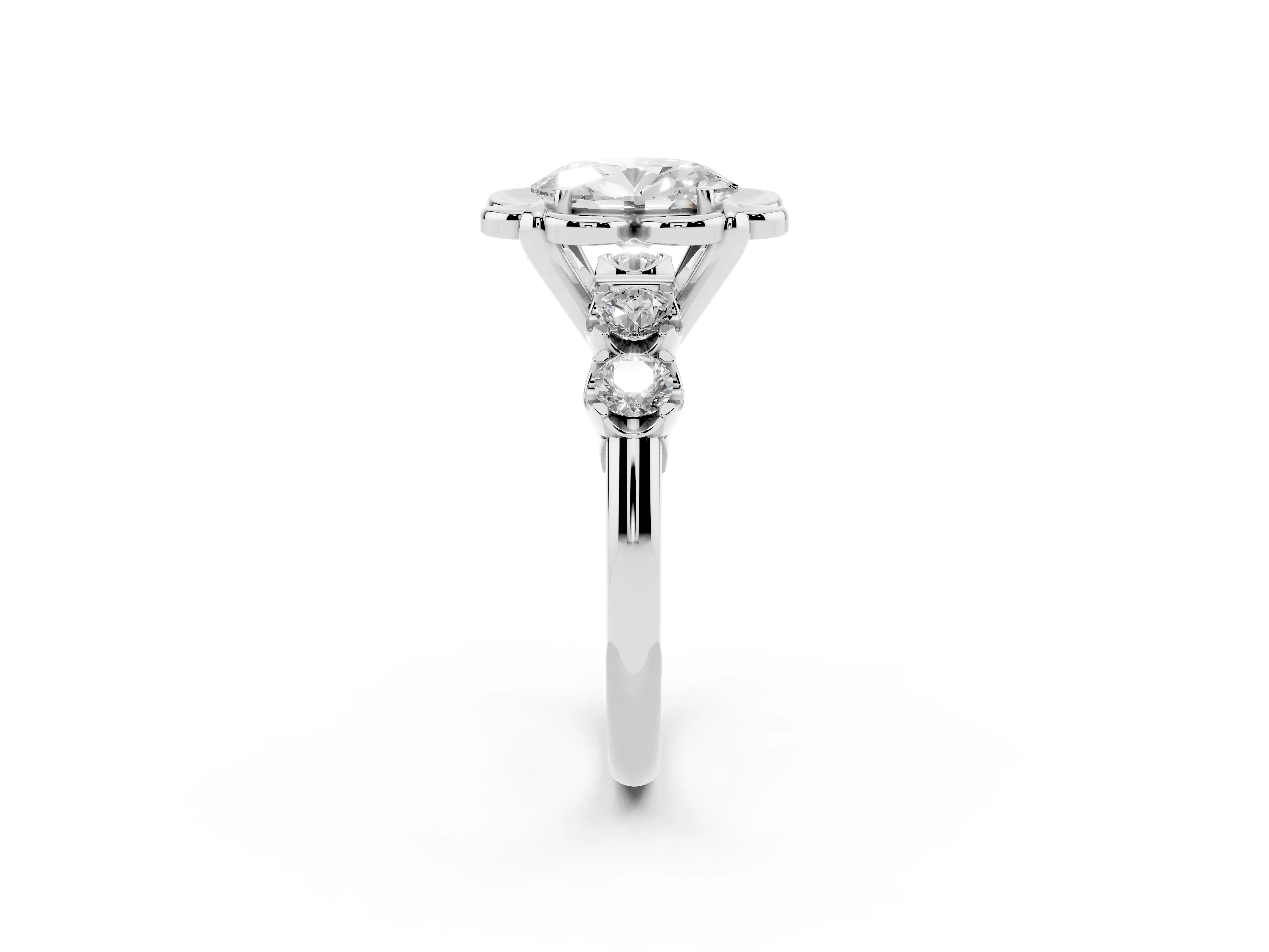 Oval Cut Diamond Floral Halo Ring Set in Silver with Shared Prong Band