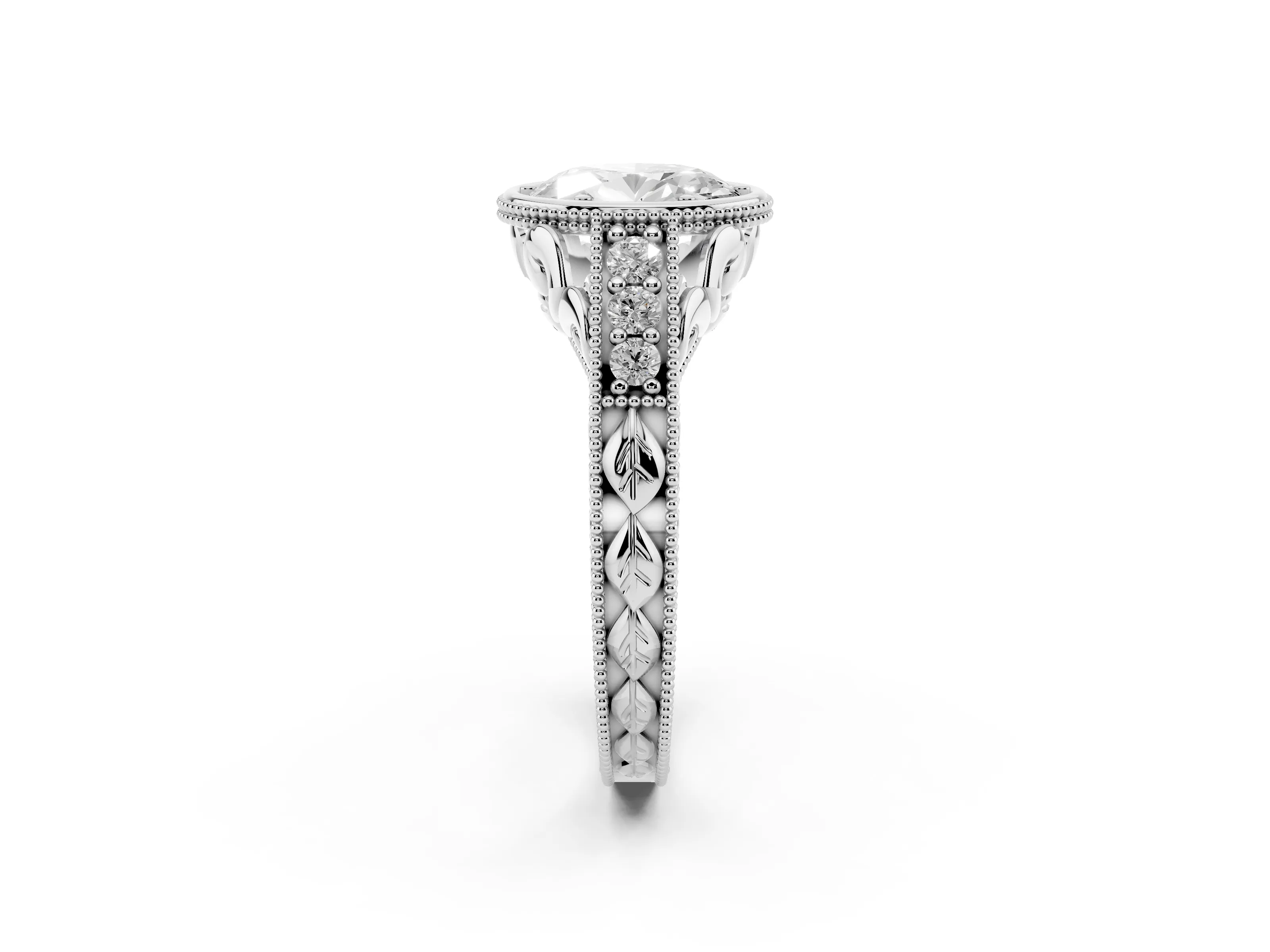 Bezel Set Oval Cut Diamond Milgrain Pavé Engagement Ring Set in Silver