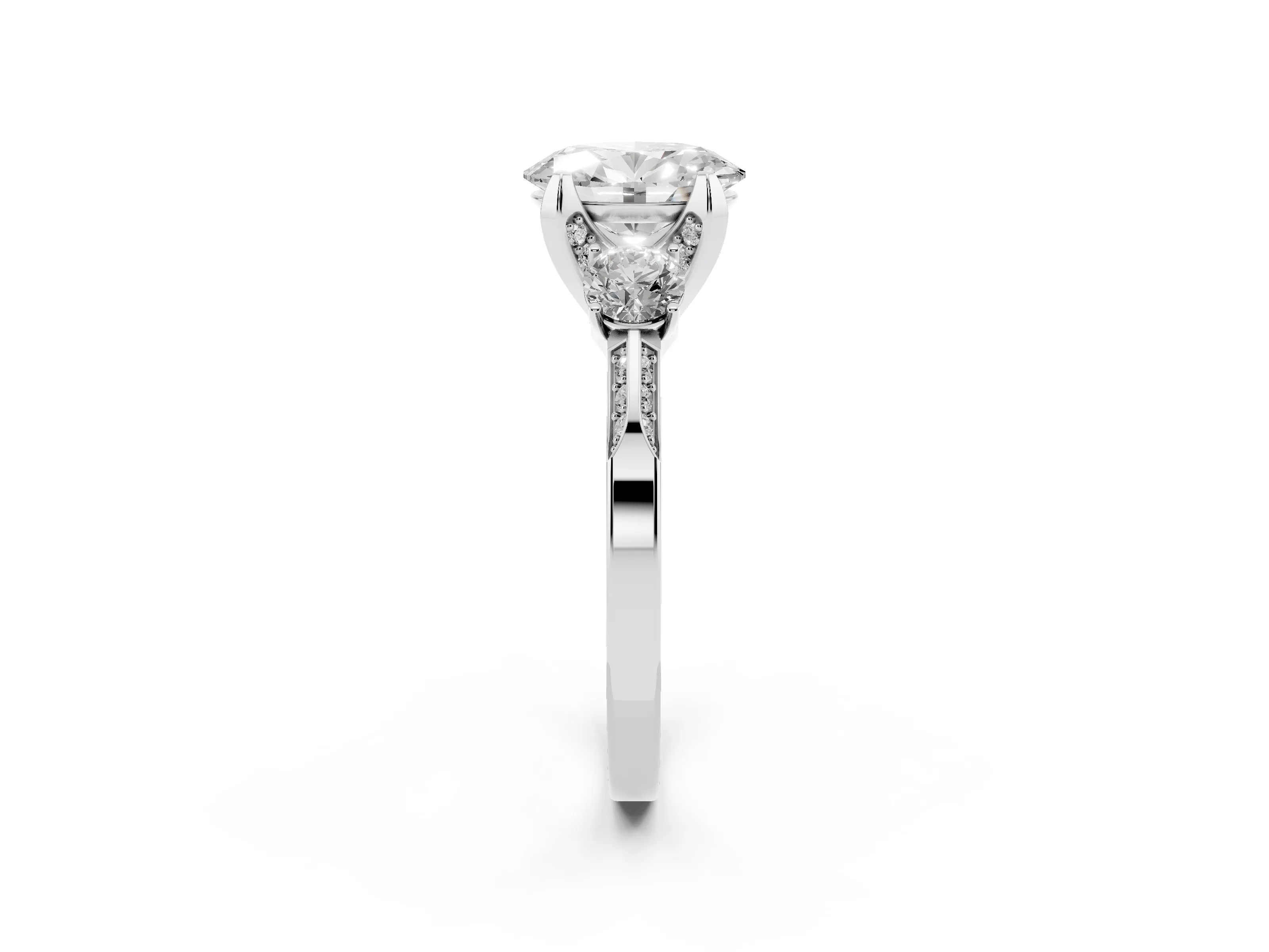 Oval Cut Diamond Three-Stone Ring Set in White gold with Pavé Band and Smaller Side Stones