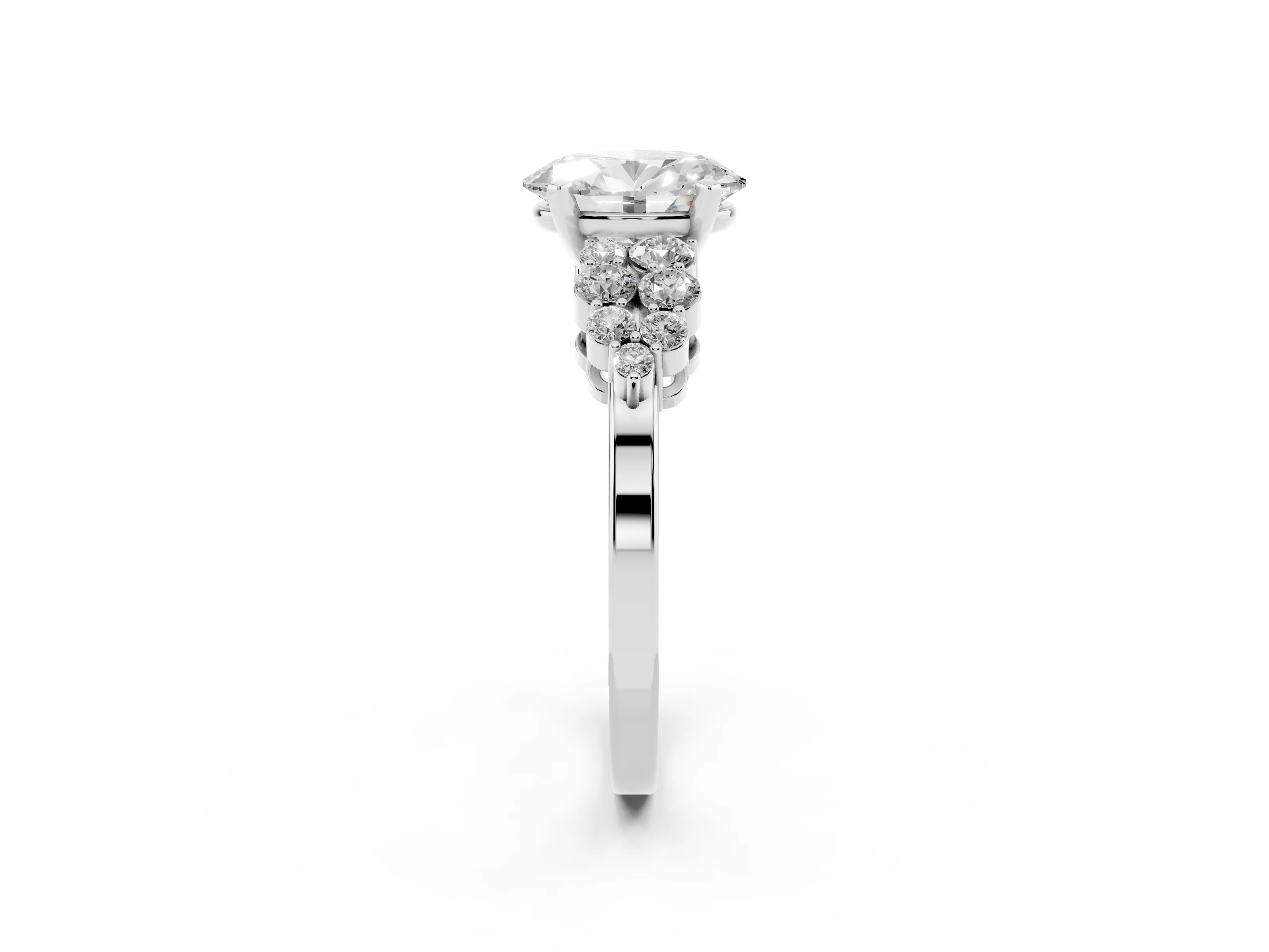 Oval Cut Diamond Cluster Engagement Ring Set in White gold with Pavé Band and Prong Setting