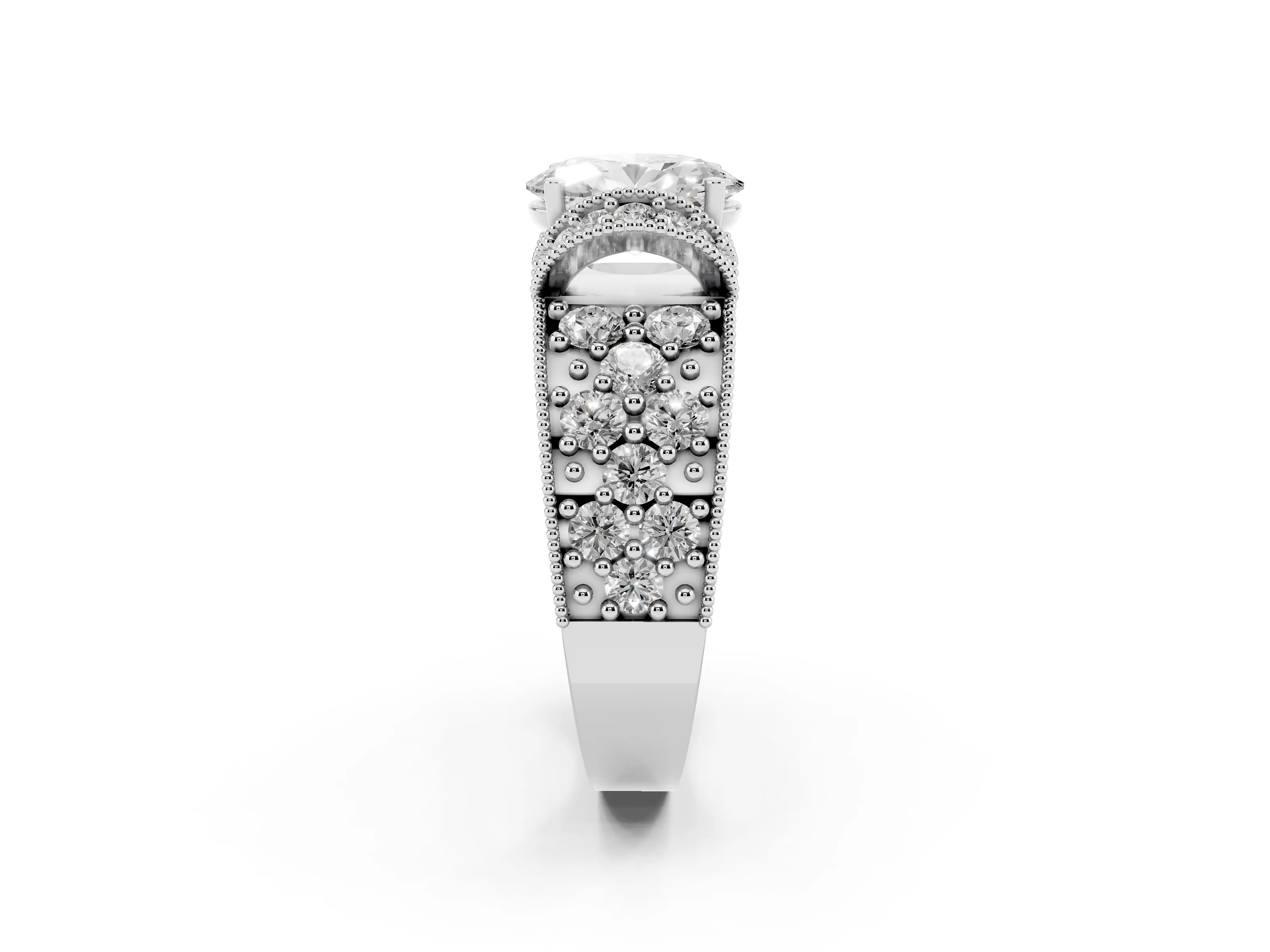 Oval Cut Diamond Milgrain Halo Pavé Engagement Ring Set in Platinum with Prong Setting
