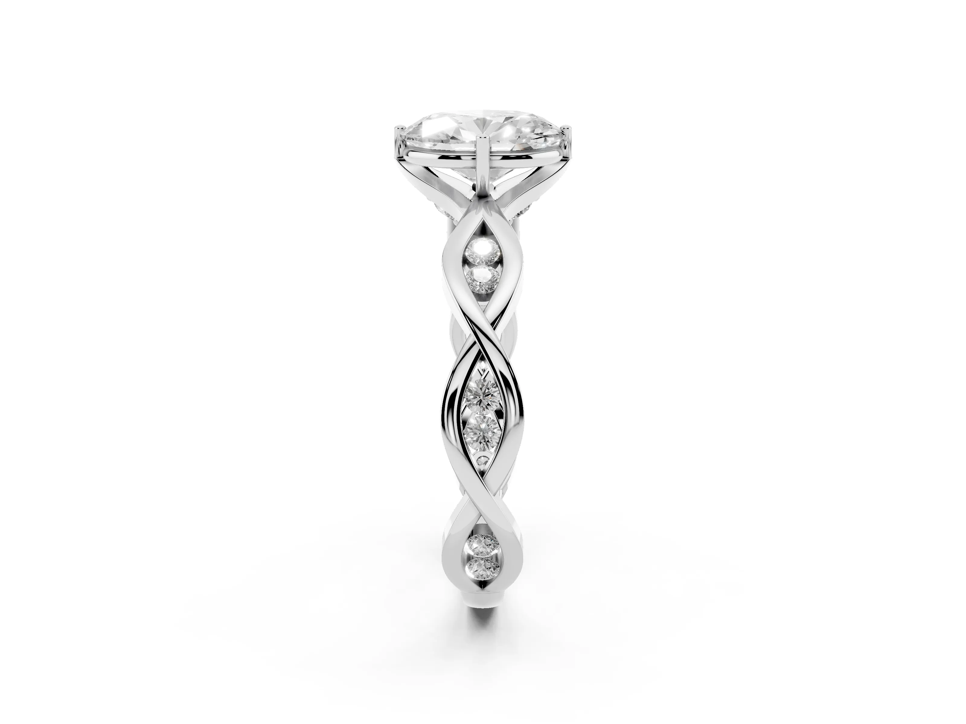 Oval Cut Diamond Twist Band Solitaire Ring Set in Platinum with Leaf Prong Setting and Accent Stones