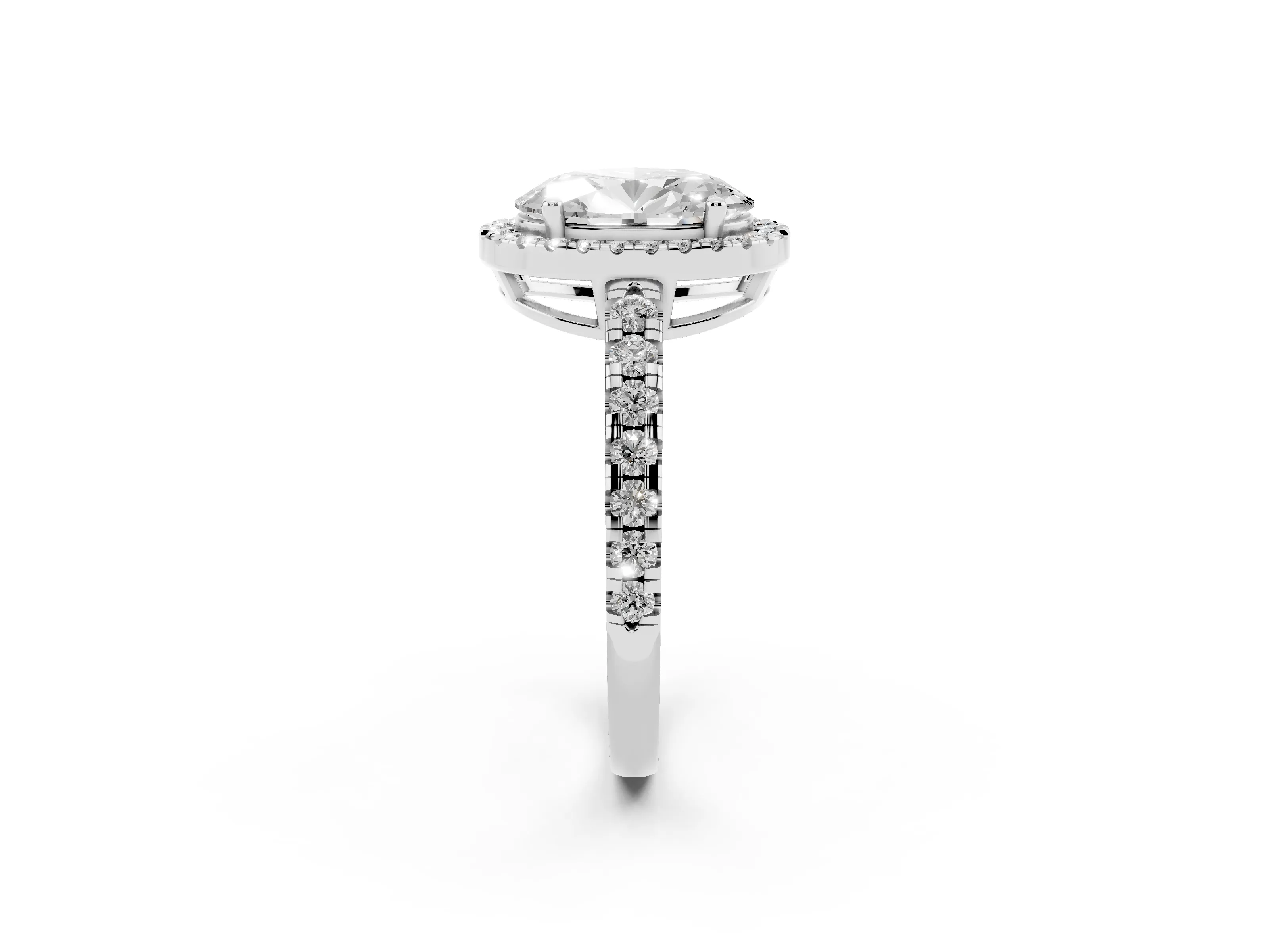 Oval Cut Diamond Halo Ring Set in White gold with Delicate Pavé Band and Prong Setting