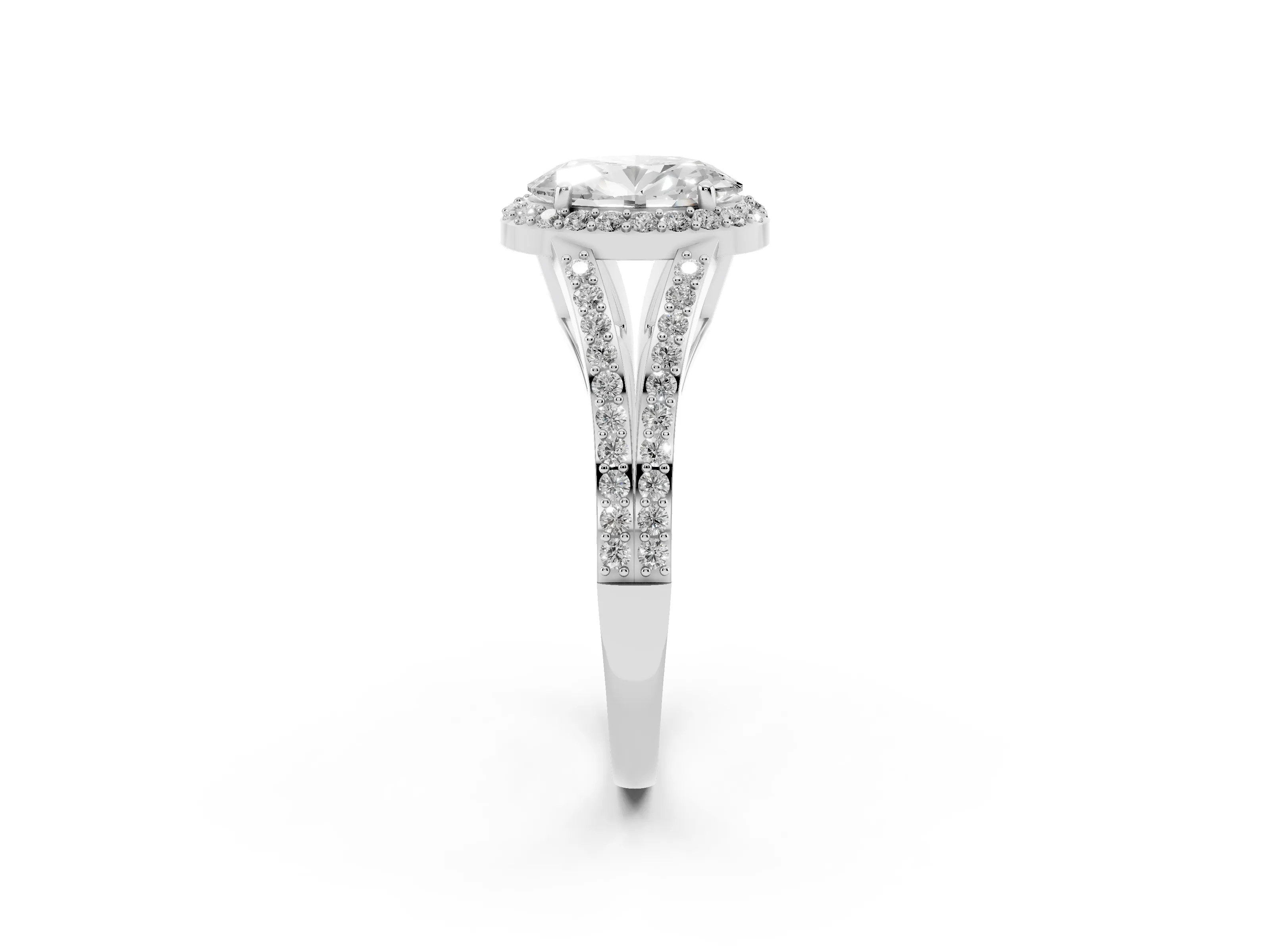 Oval Cut Diamond Halo Split Shank Ring Set in White gold with Accent Stones and Prong Setting