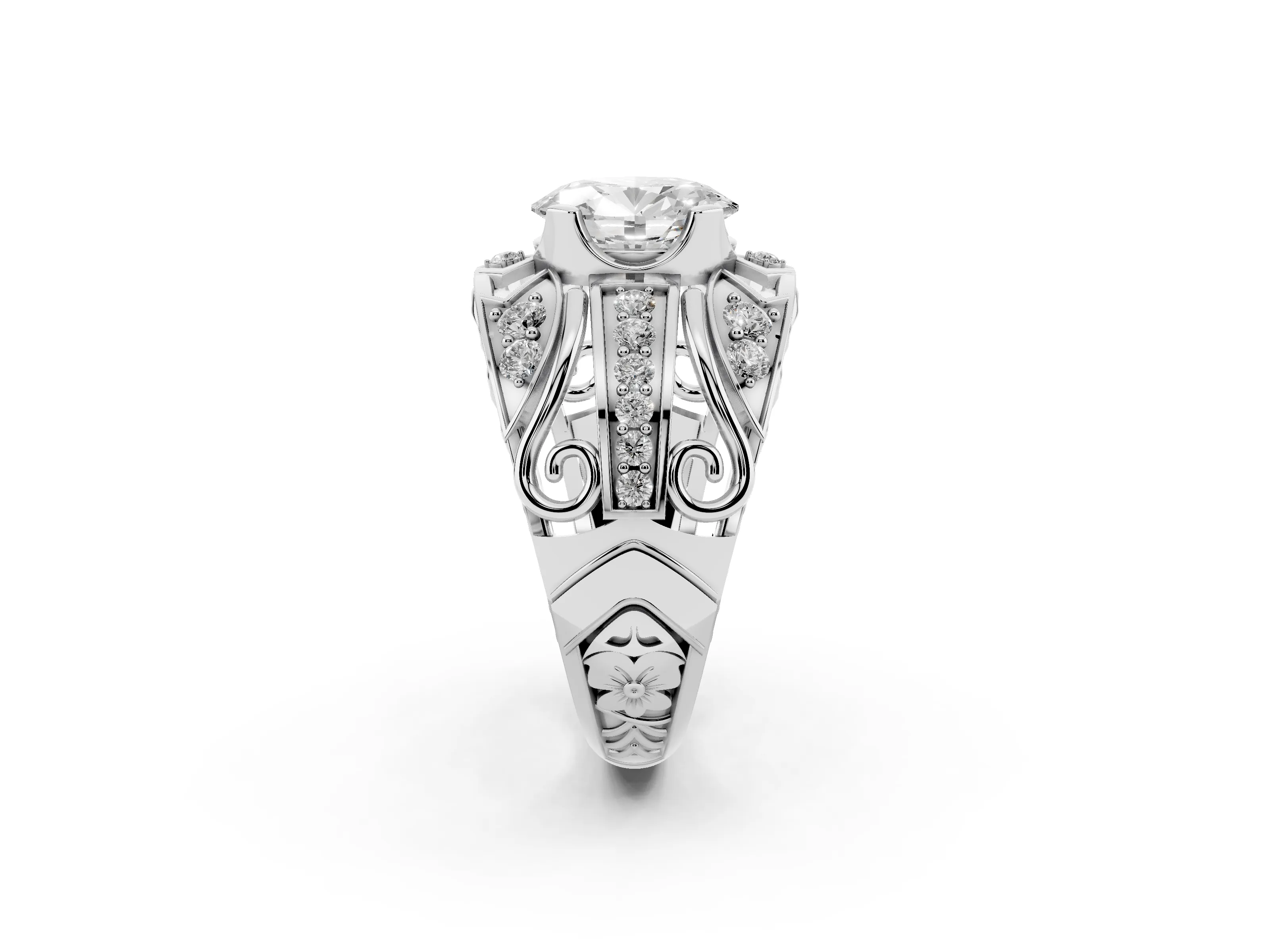 Oval Cut Diamond Art Deco Ring Set in Silver with Pavé Split Shank
