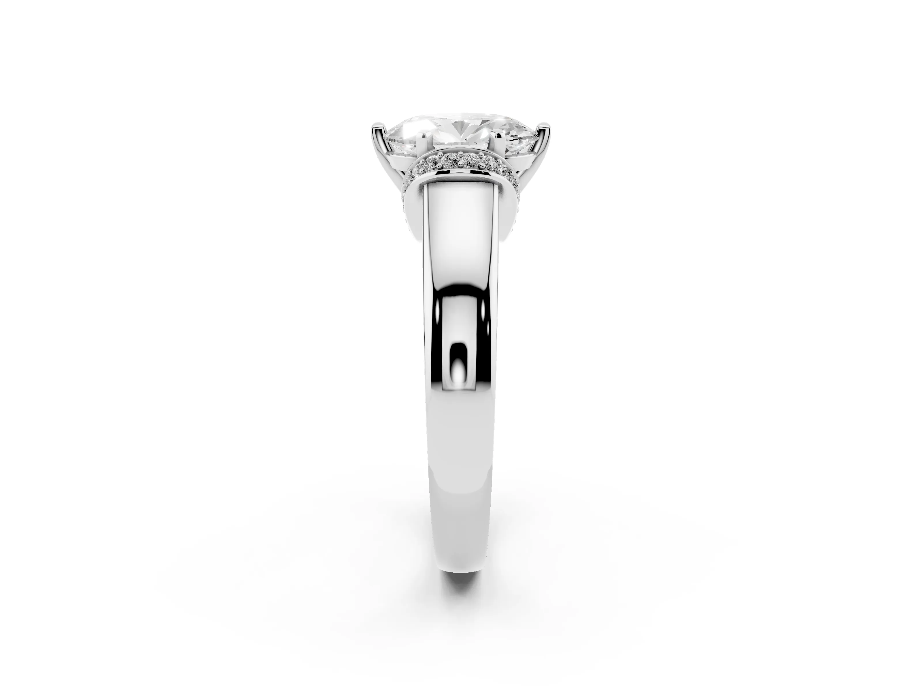 Oval Cut Diamond Pavé Band Solitaire Ring Set in Platinum with Prong Setting