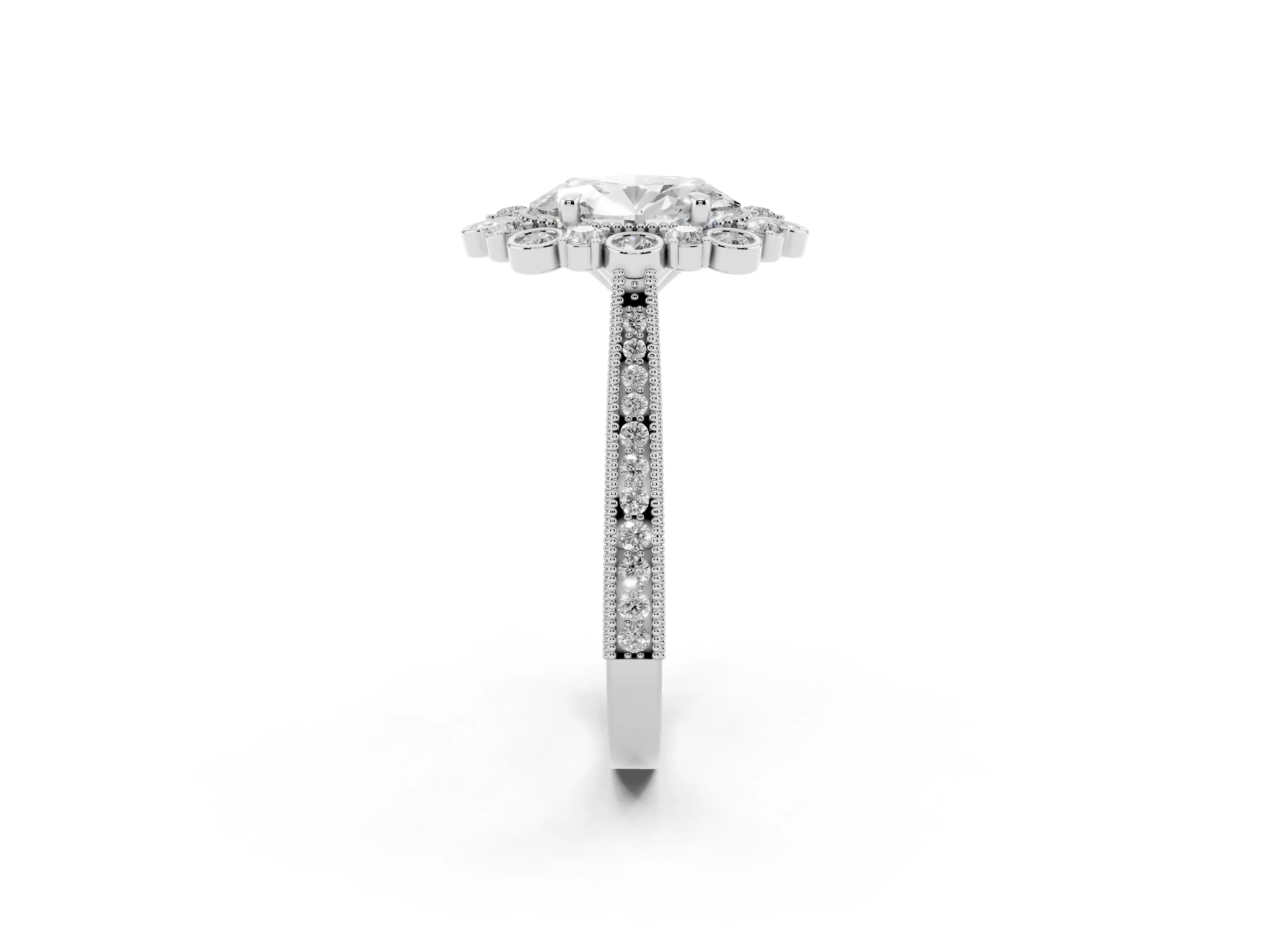 Oval Cut Diamond Halo Milgrain Pavé Ring Set in Platinum with Prong Setting