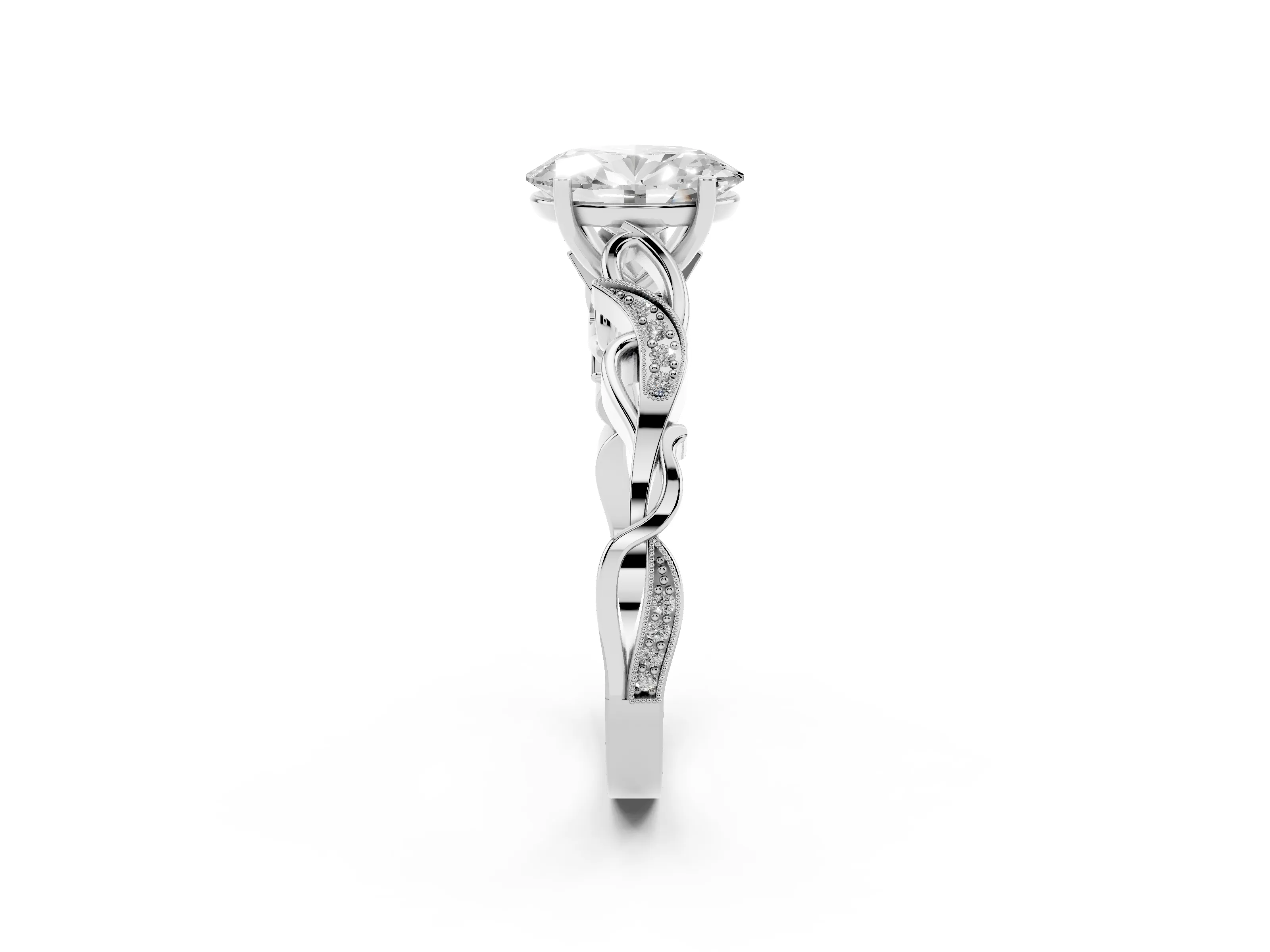 Oval Cut Diamond Vine Band Solitaire Ring Set in Platinum with Milgrain Prong Setting