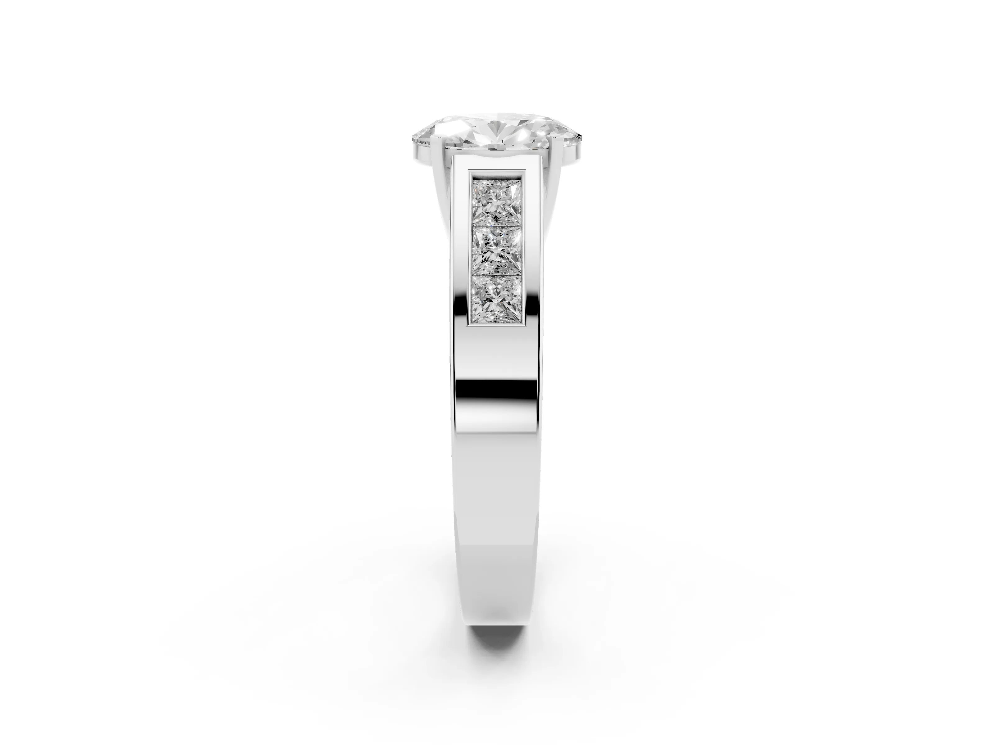 Oval Cut Diamond Solitaire Ring Set in Platinum with Channel-Set Accent Stones and Prong Setting
