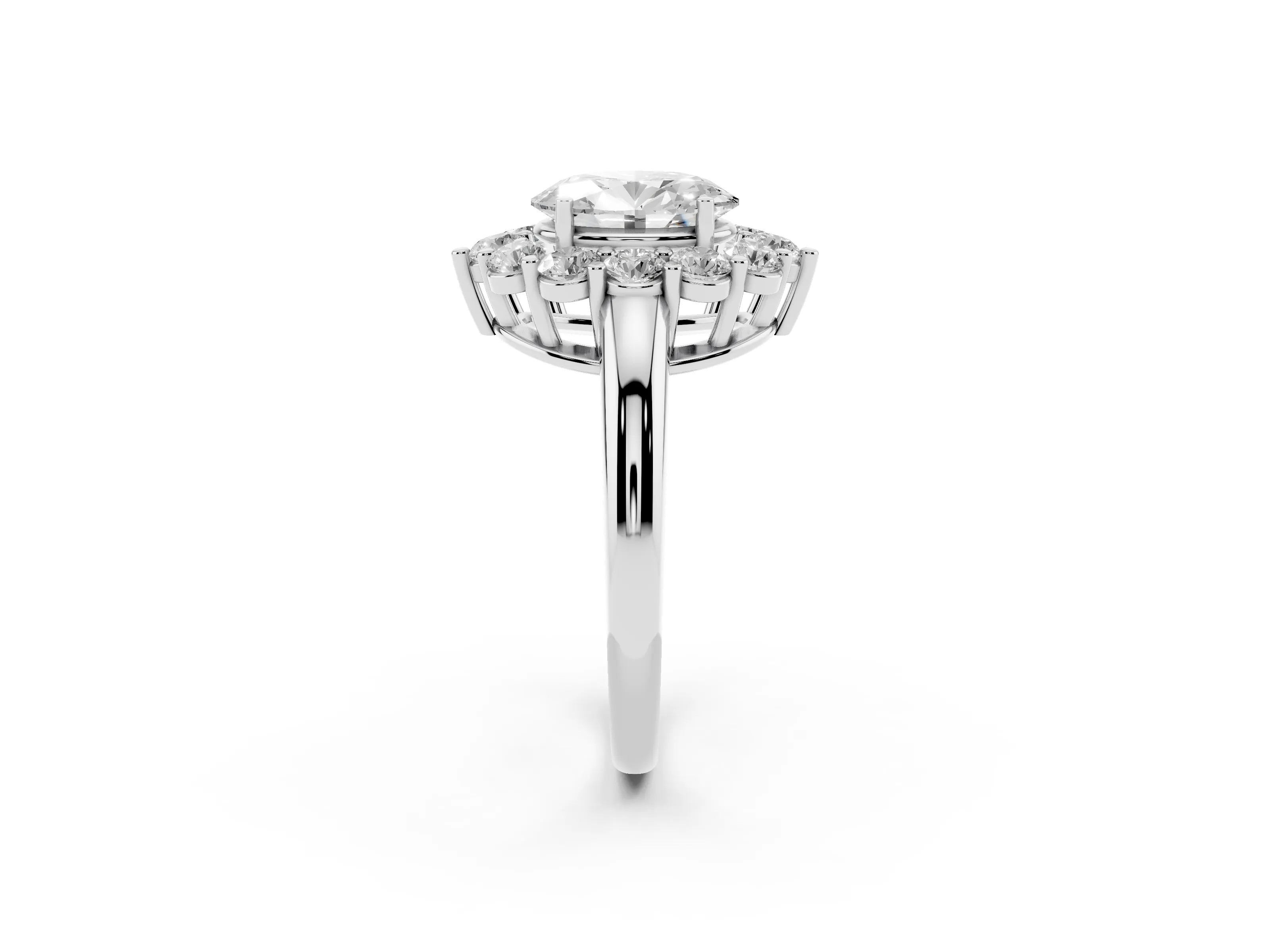 Oval Cut Diamond Halo Cluster Engagement Ring Set in Silver with Polished Band and Prong Setting