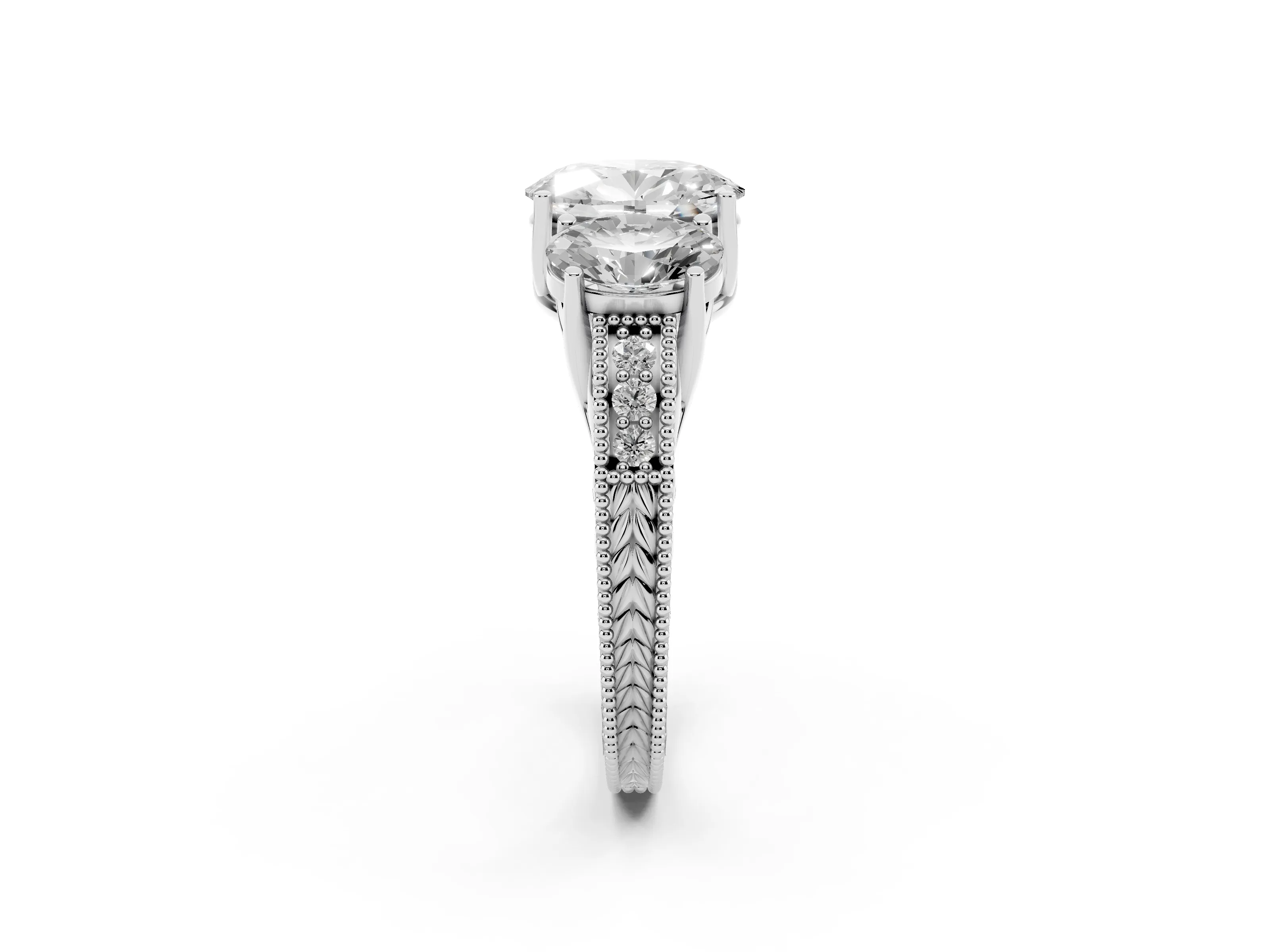Oval Cut Diamond Three-Stone Engagement Ring Set in Silver with Milgrain Pavé Band