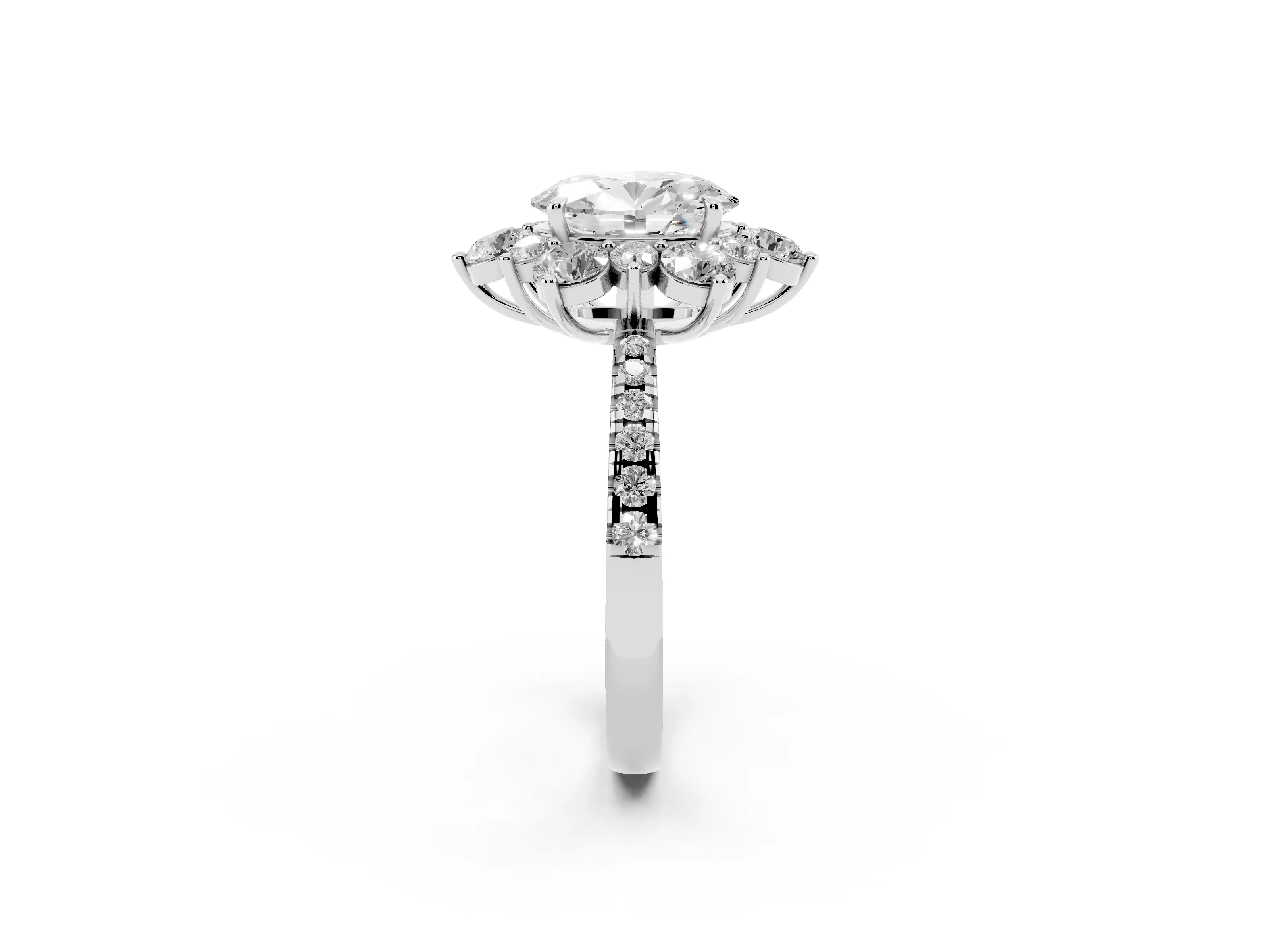 Oval Cut Diamond Floral Halo Ring Set in White gold with Round Pavé Band and Prong Setting