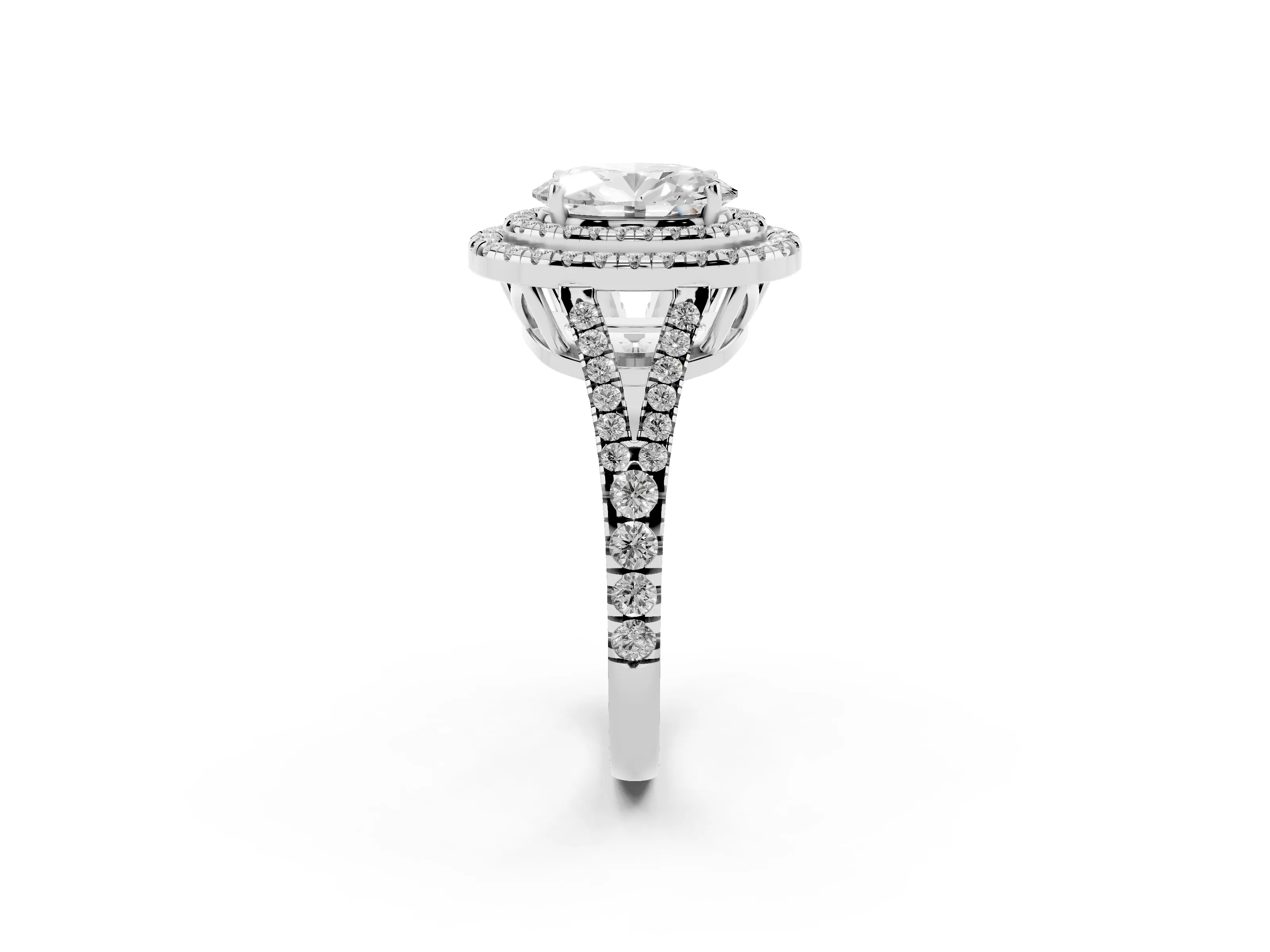 Oval Cut Diamond Double Halo Ring Set in Platinum with Pavé Band