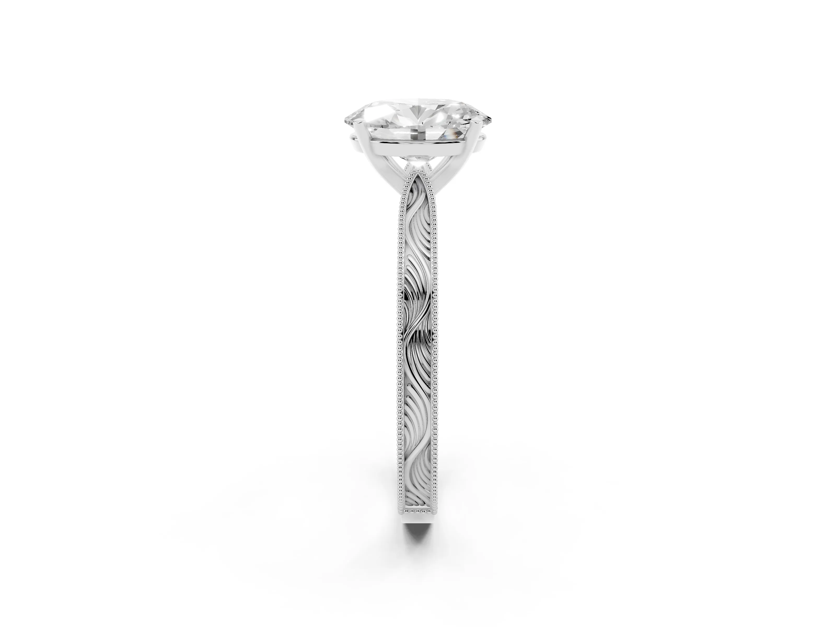 Oval Cut Diamond Solitaire Milgrain Engraved Band Set in Platinum with Prong Setting