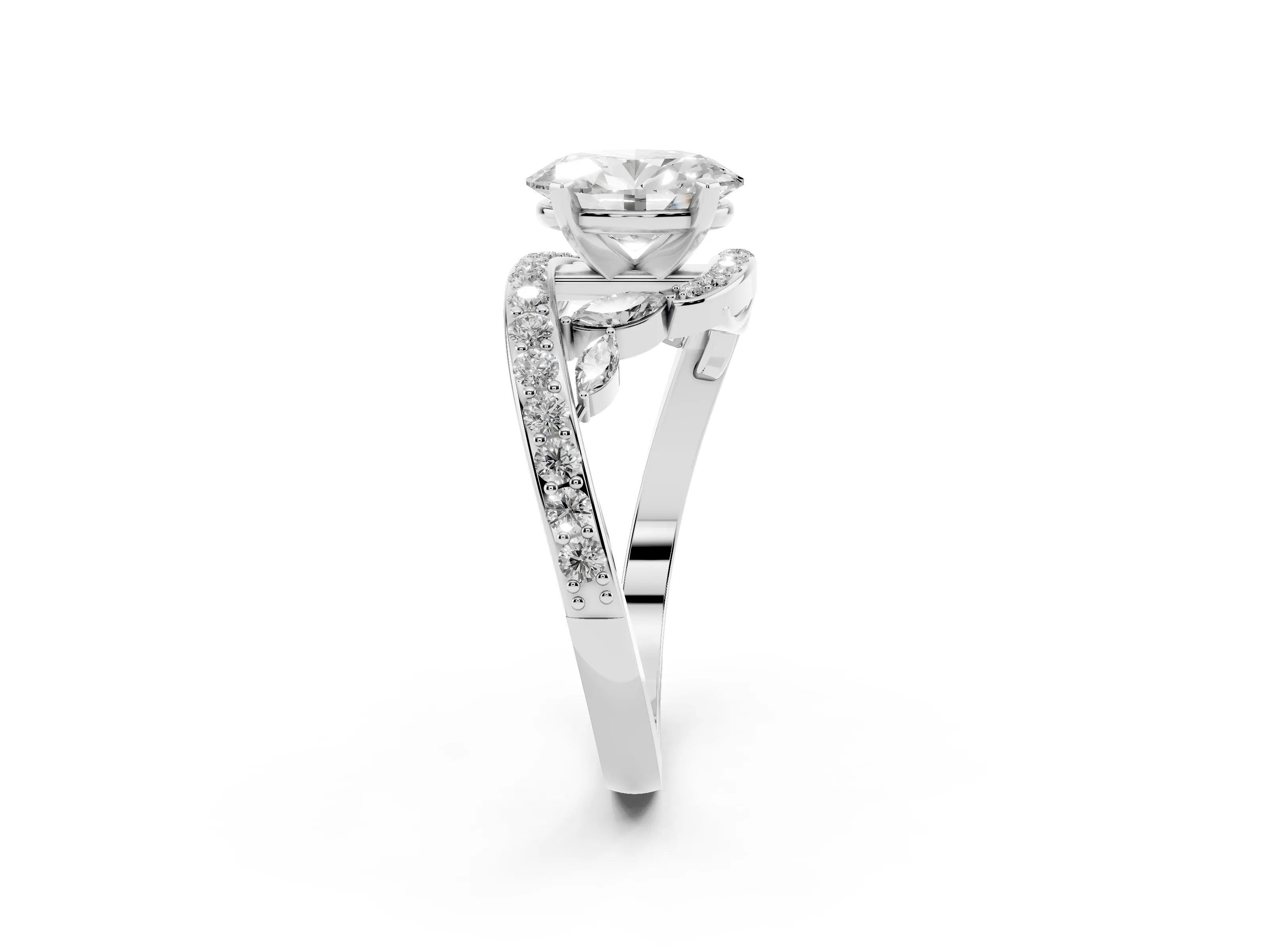Oval Cut Diamond Solitaire Ring Set in White gold with Pavé Twist Band and Secure Prong Setting