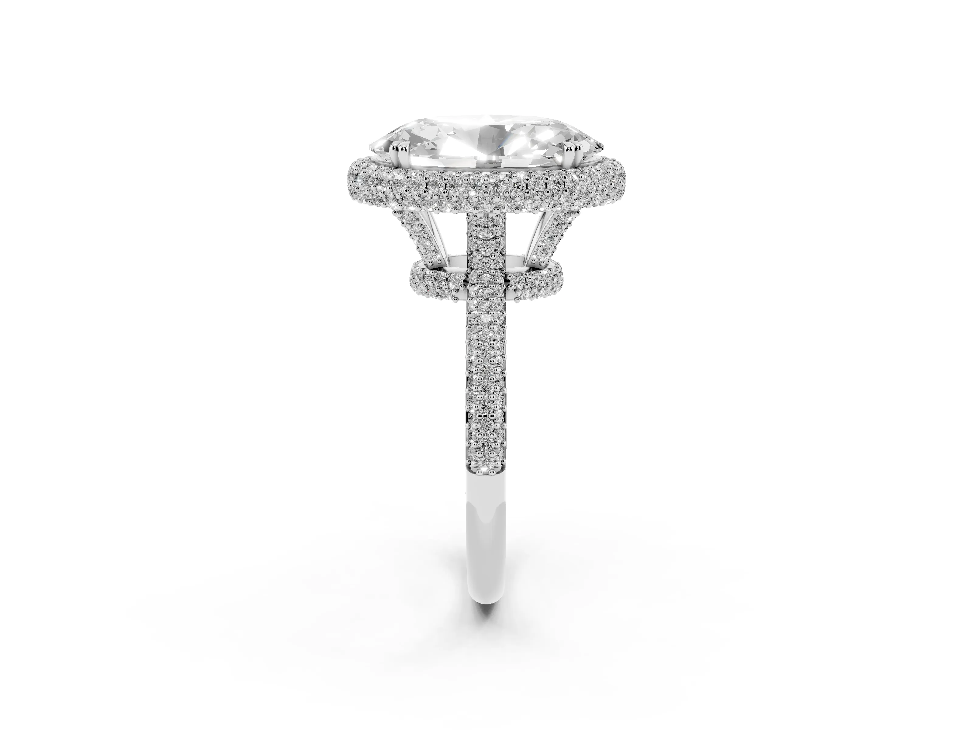 Oval Diamond Halo Ring Set in Platinum with Round Accent Halo and Pavé Band
